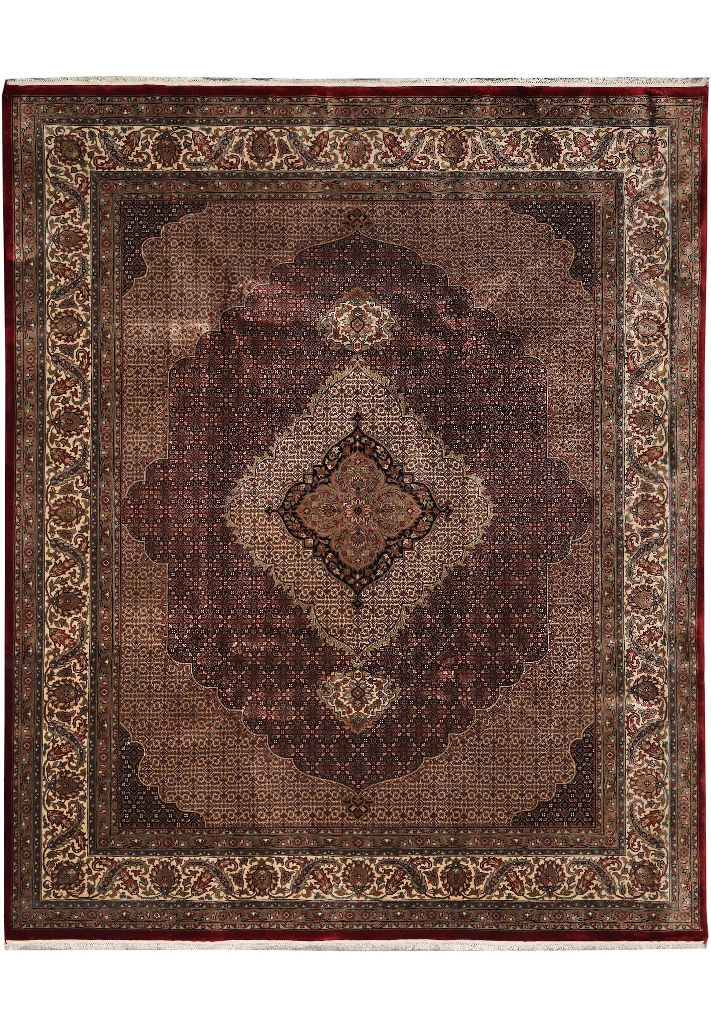 8.3 x 9.9 Handmade Wool Silk Mahi Tabriz Rug Ruby Burgundy: 8.3 x 9.9 Handmade Wool Silk Mahi Tabriz Rug Ruby Burgundy Free continental US Shipping This finely crafted Persian rug is hand-knotted in the traditional Tabriz style, featuring the classic Mahi (Her
