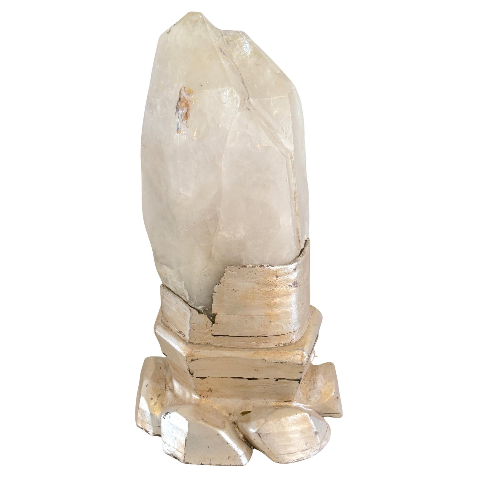 Monumental Rock Crystal Stalagmite Sculpture with Silver Leaf Base: Monumental Rock Crystal Stalagmite Sculpture with Silver Leaf Base Experience the stunning beauty of this Monumental Rock Crystal Stalagmite, designed in the style of Serge Roche. With a height of 28