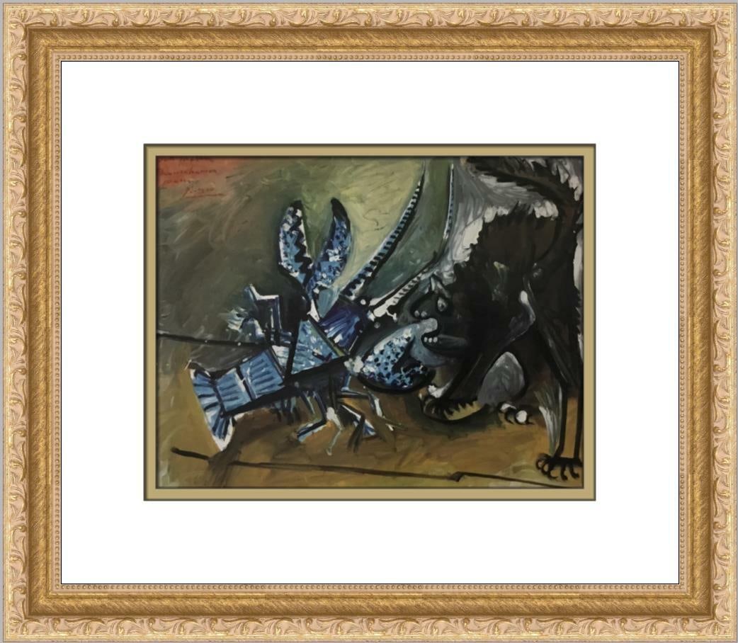 Pablo Picasso Le Homard et le Chat Custom Framed Offset Lithograph: Pablo Picasso Le Homard et le Chat Custom Framed Offset Lithograph This stunning print titled "Le Homard et le Chat" by Pablo Picasso showcases abstract cubism and figurative art, reflecting the artis