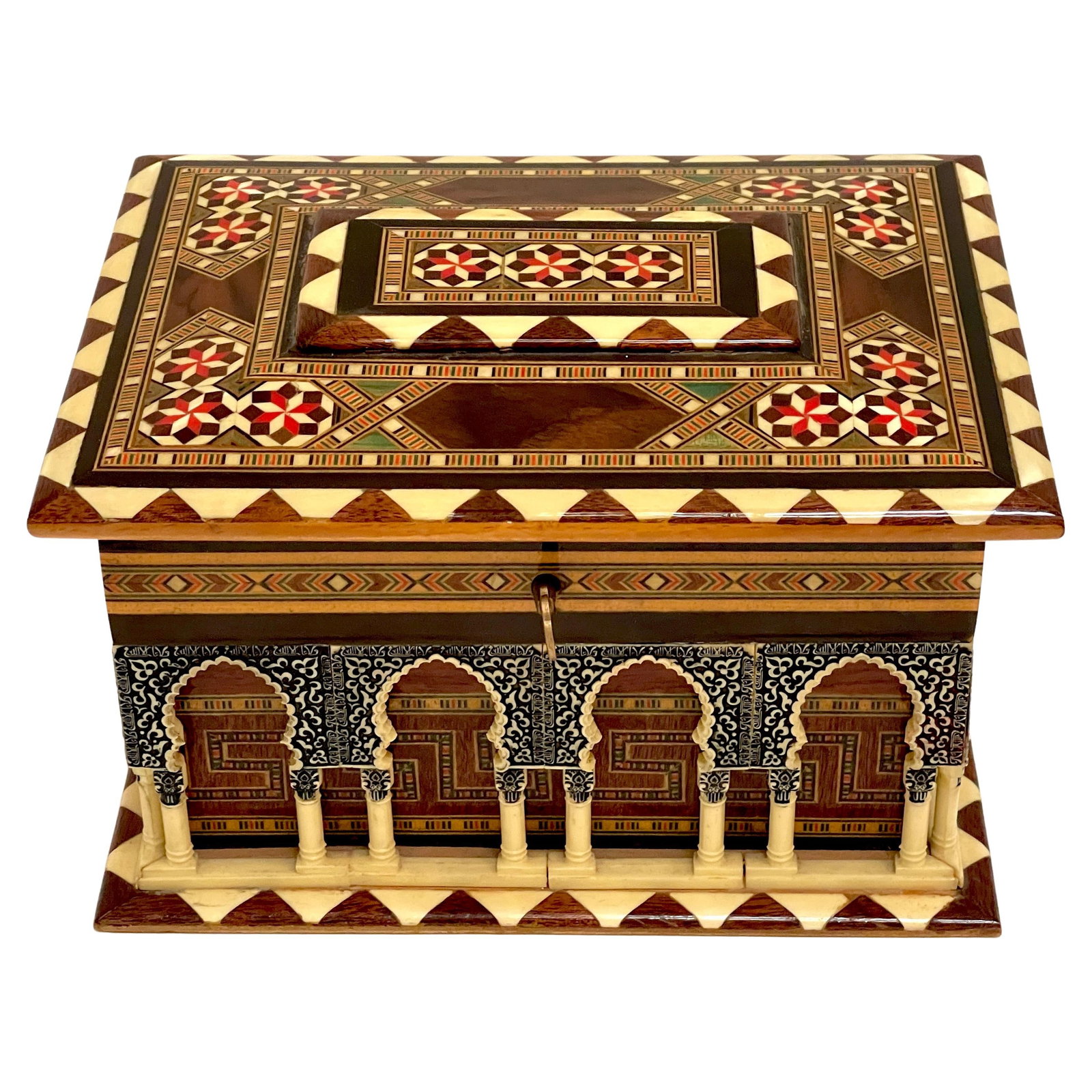 Moorish Architectural Model Box of Alhambra Palace with Key: Moorish Architectural Model Box of Alhambra Palace with Key This exquisite architectural model box of the Alhambra Palace, handcrafted in Granada, Spain, circa 1960s, showcases the stunning beauty and