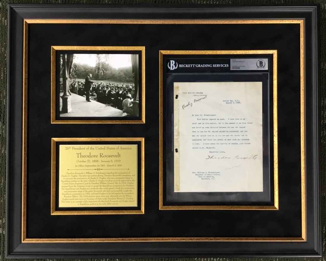 Theodore Roosevelt Signed 1908 Letter Custom Framed with Beckett COA: Theodore Roosevelt Signed 1908 Letter Custom Framed with Beckett COA This remarkable piece features a signed letter from President Theodore Roosevelt dated August 8, 1908, addressed to The Honorable W