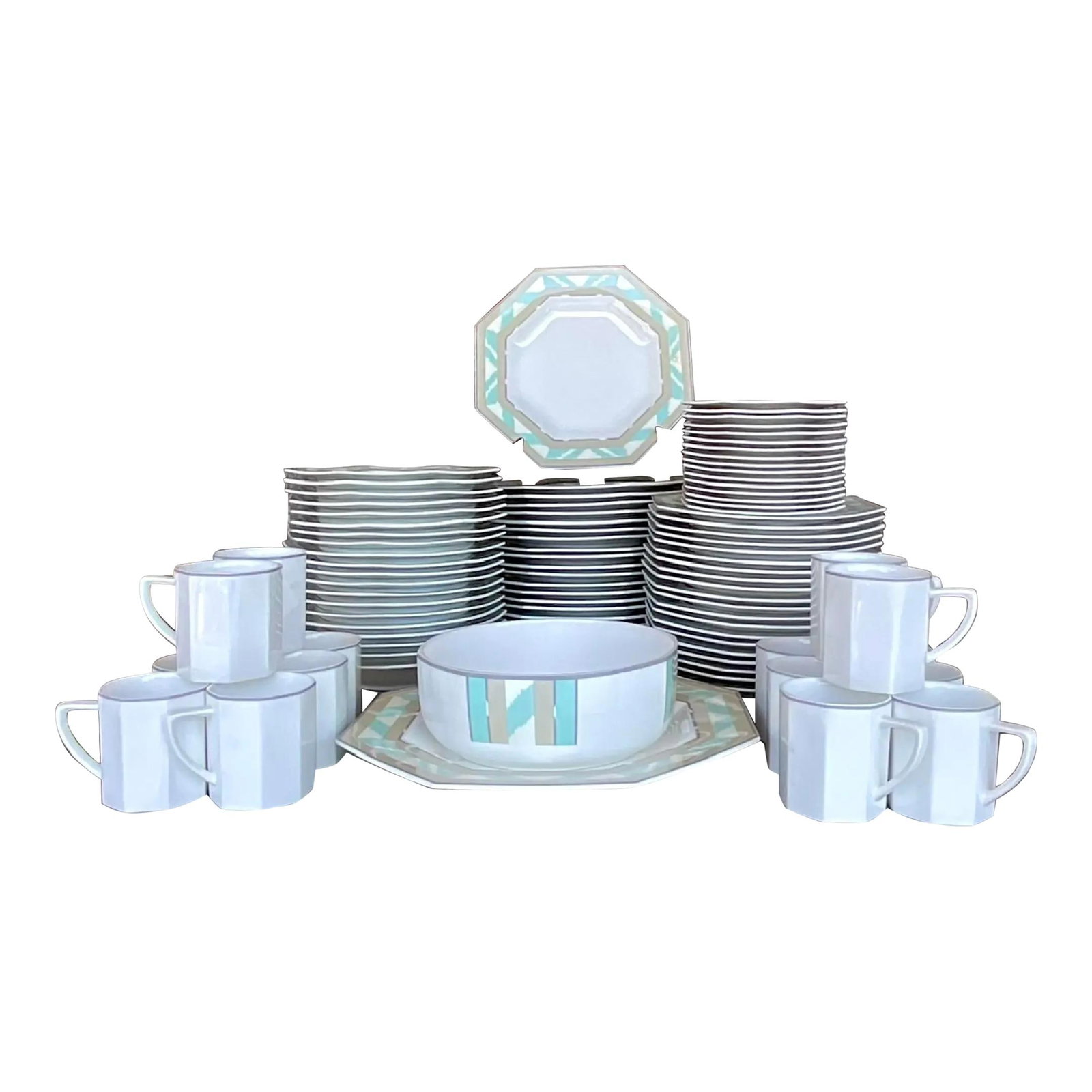 Jack Lenor Larsen Mikasa China Service 97 Pieces Aqua Octagonal Design: Jack Lenor Larsen Mikasa China Service 97 Pieces Aqua Octagonal Design Enhance your dining experience with this exquisite vintage Jack Lenor Larsen for Mikasa china service from the Terra Nova Collect