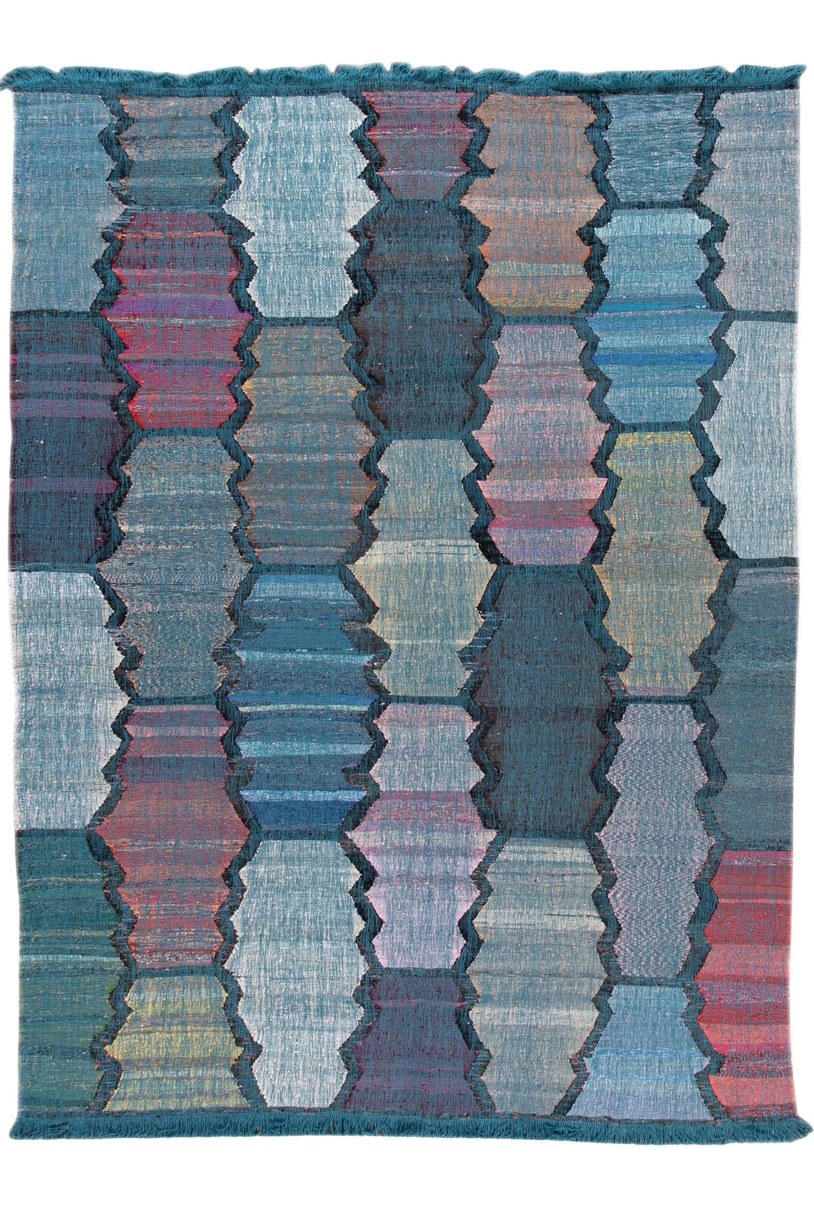 Contemporary Geometric Multi-Color Wool Kilim Rug 9'4 x 12'10: Contemporary Geometric Multi-Color Wool Kilim Rug 9'4 x 12'10 Elevate your space with this stunning Contemporary Multi-Color Kilim Handmade Geometric Wool Rug. Featuring a vibrant blue field adorned w