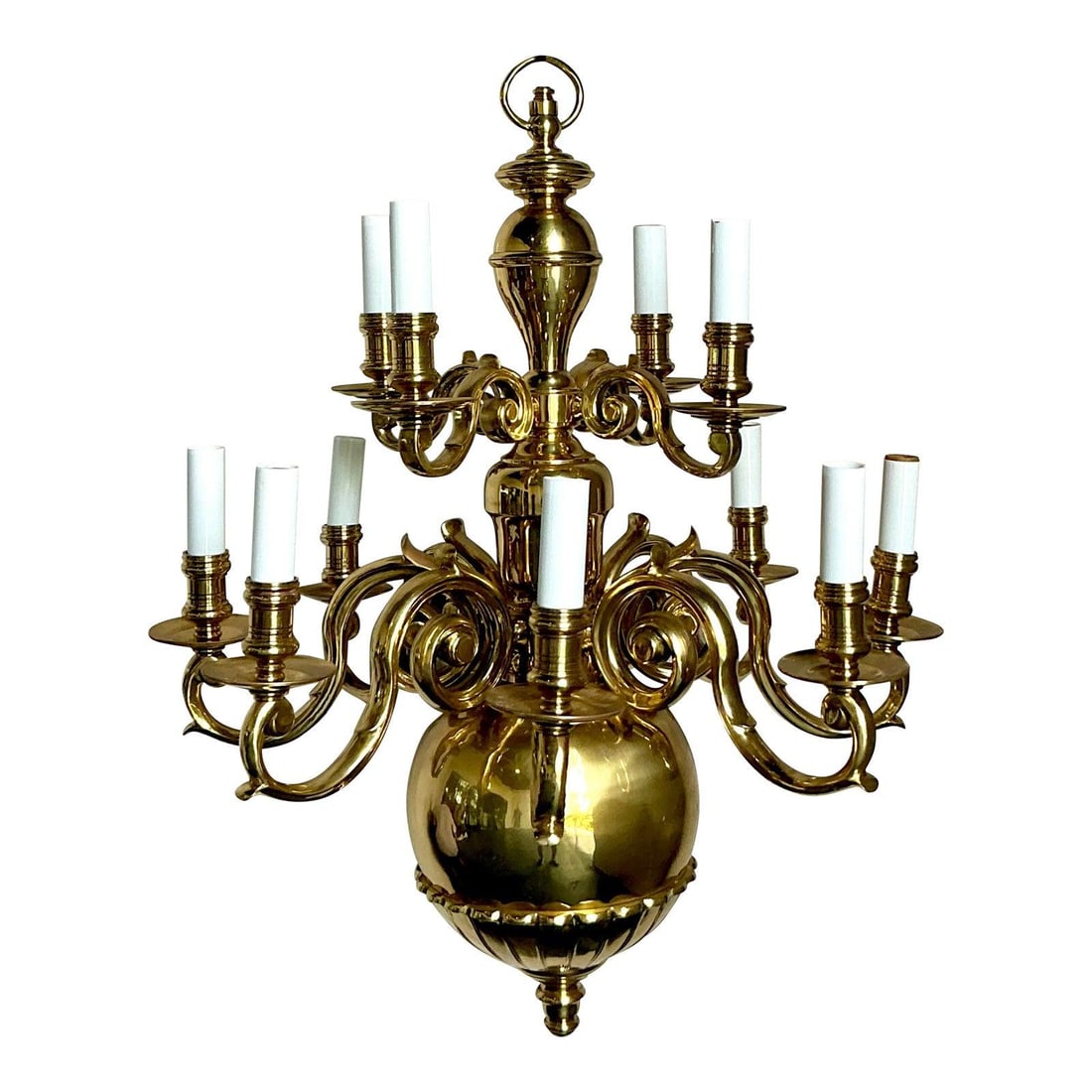 Nine-Arm Polished Brass Dutch Baroque Style Chandelier 26" x 34" (1 of 10)