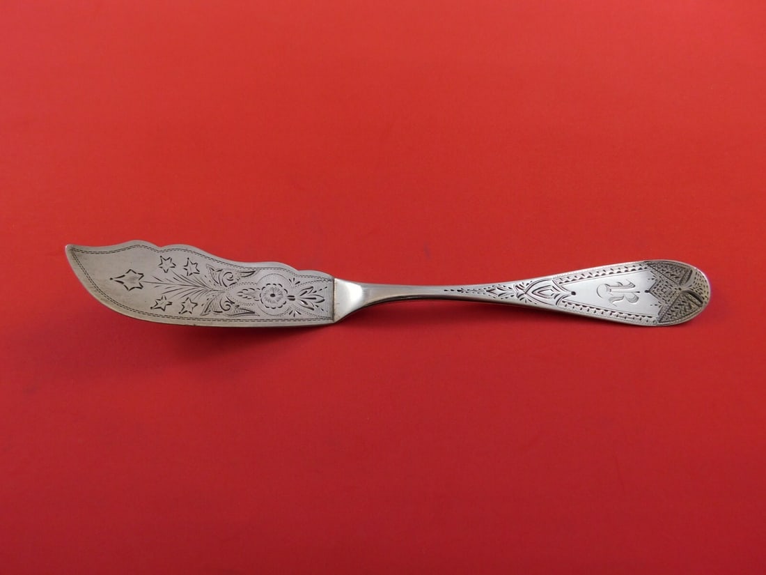 Elegant 7 Inch Coin Silver Master Butter Knife with Ivy Design: Elegant 7 Inch Coin Silver Master Butter Knife with Ivy Design This exquisite master butter knife showcases a flat handle design crafted from coin silver by various makers. Measuring 7 inches, it feat