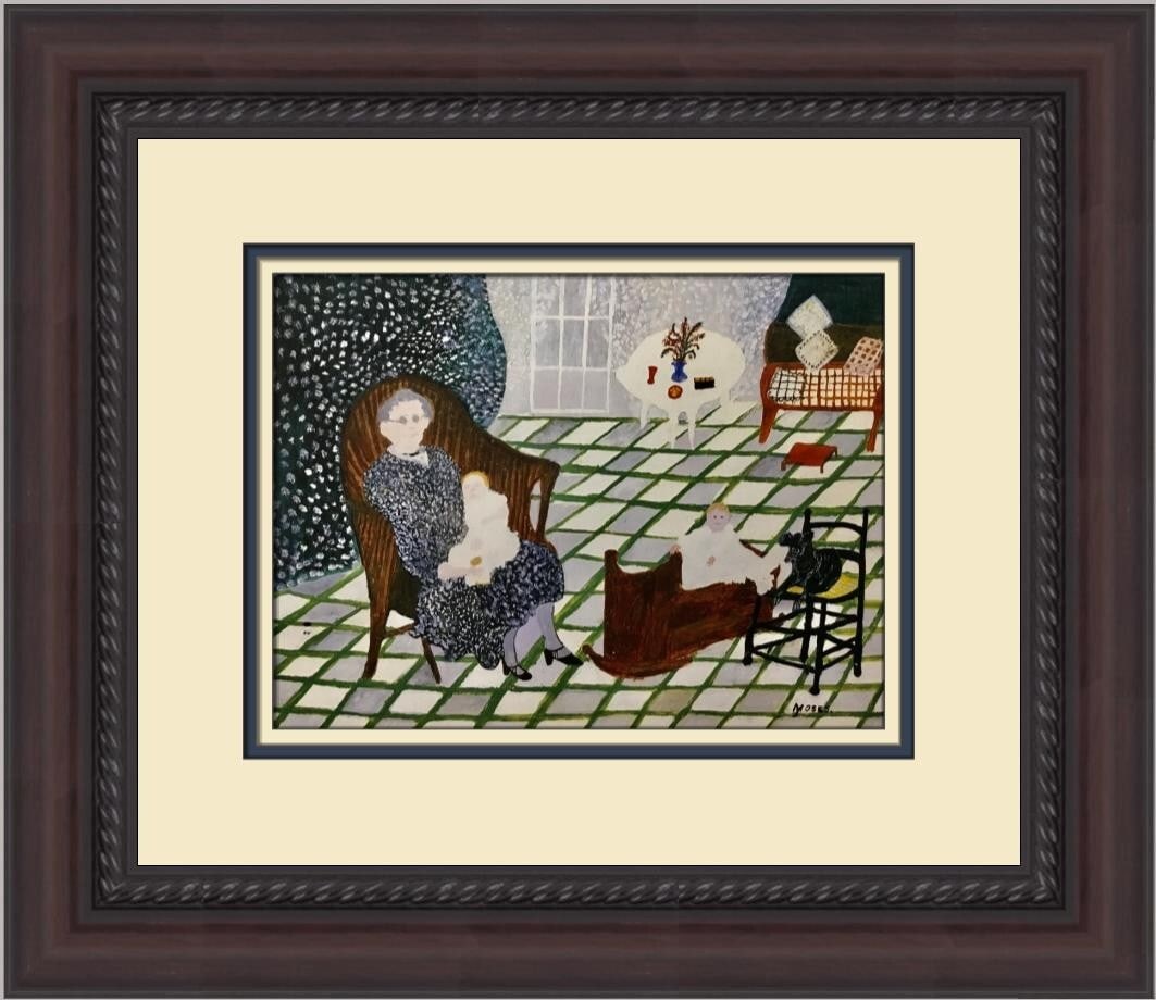 Grandma Moses Rockabye Custom Framed Folk Art Print 14x17: Grandma Moses Rockabye Custom Framed Folk Art Print 14x17 This stunning custom framed print titled 'Rockabye' by renowned artist Grandma Moses captures the essence of folk art. Produced in 1991, this