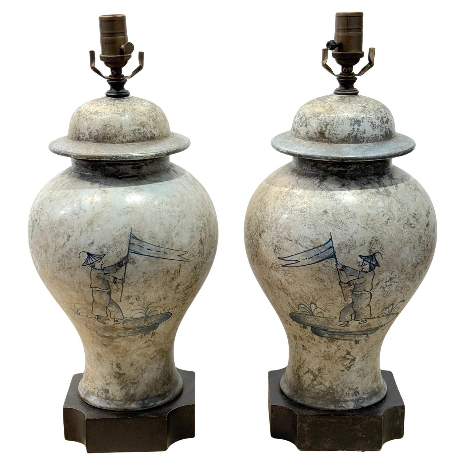 Set of 2 Chinoiserie Pottery Urn Lamps With Banner Bearer Motif (1 of 10)