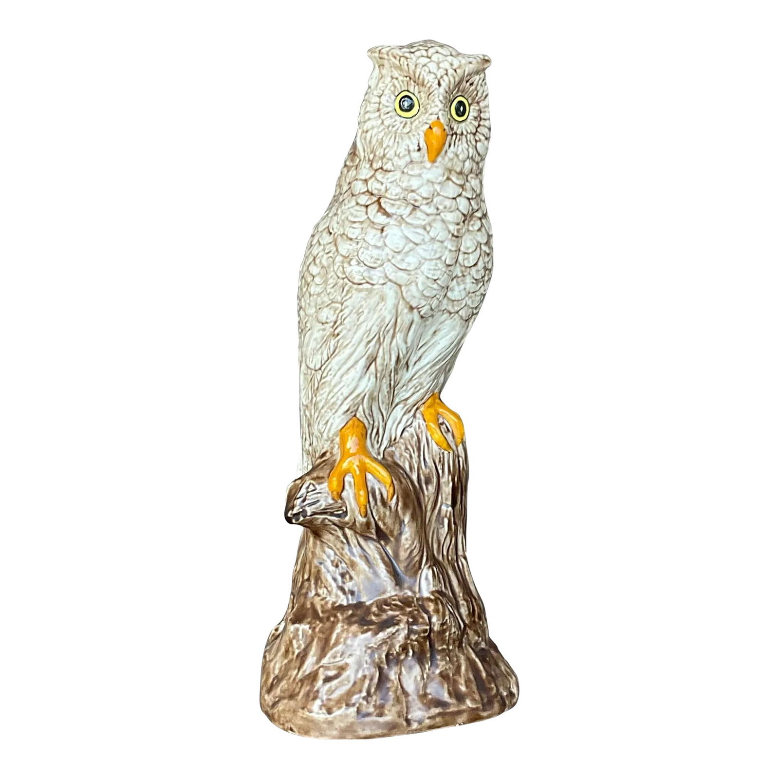 Vintage Boho Hand-Painted Ceramic Owl 19.5 in Coffee Color: Vintage Boho Hand-Painted Ceramic Owl 19.5 in Coffee Color Embrace the whimsical charm of American folk art with this vintage Boho hand-painted ceramic owl. This delightful piece radiates character an