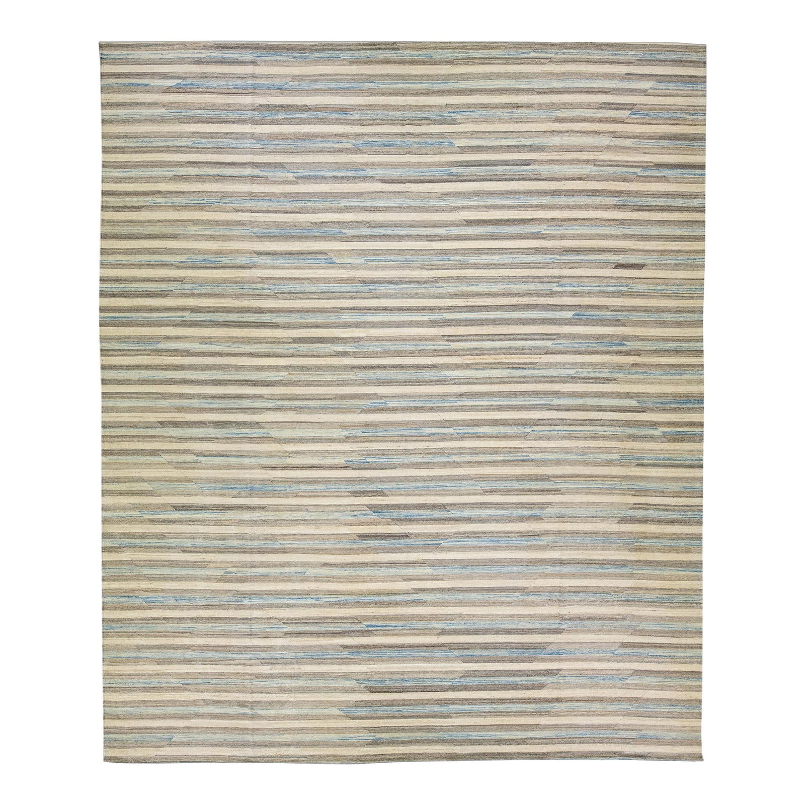 Beige Modern Kilim Abstract Wool Rug 13'2 x 16'1 Handmade: Beige Modern Kilim Abstract Wool Rug 13'2 x 16'1 Handmade Enhance your living space with this stunning beige modern Kilim flat-weave rug, expertly handmade from wool. Featuring a captivating Abstract
