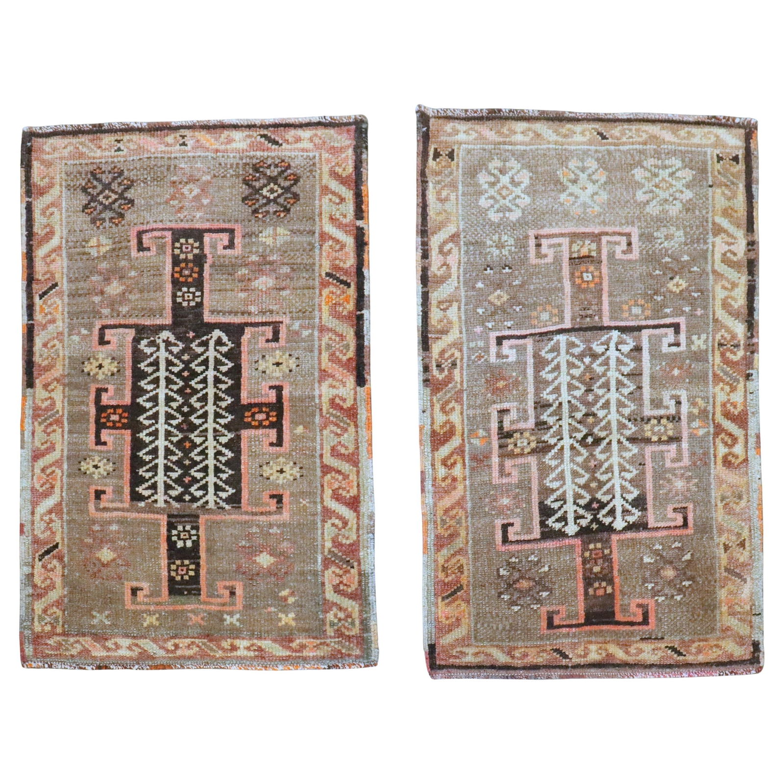 Vintage Turkish Tribal Rugs Set of 2 Hand-Woven Wool Folk Art: Vintage Turkish Tribal Rugs Set of 2 Hand-Woven Wool Folk Art Discover the beauty of the Zabihi Collection with this exquisite pair of vintage Turkish tribal rugs. Hand-woven from high-quality wool, t