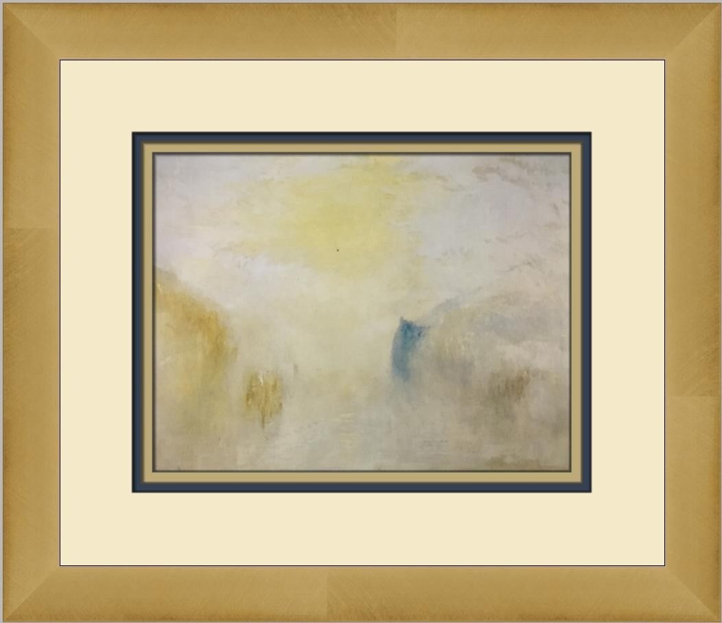 Joseph Mallord William Turner Sunrise with a Boat Custom Framed Print: Joseph Mallord William Turner Sunrise with a Boat Custom Framed Print This stunning custom framed print titled "Sunrise with a Boat Between Headlands" by renowned artist Joseph Mallord William Turner