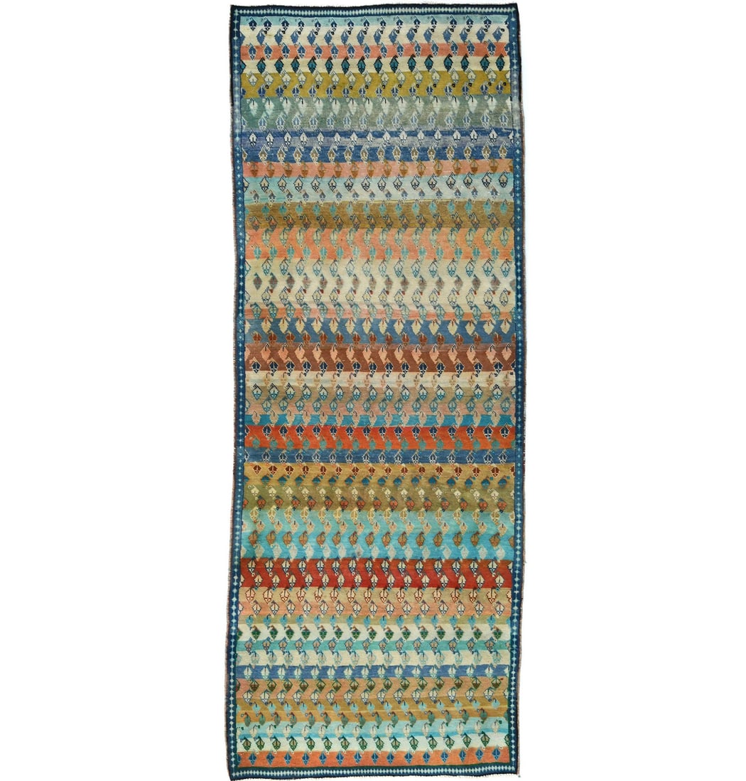 Hand-Knotted Wool Tribal Runner Rug Vintage Striped Semi-Antique 3'8 x 9'7: Hand-Knotted Wool Tribal Runner Rug Vintage Striped Semi-Antique 3'8 x 9'7 This multicolored semi-antique tribal Oriental runner rug features a hand-knotted wool construction and a striking striped pa