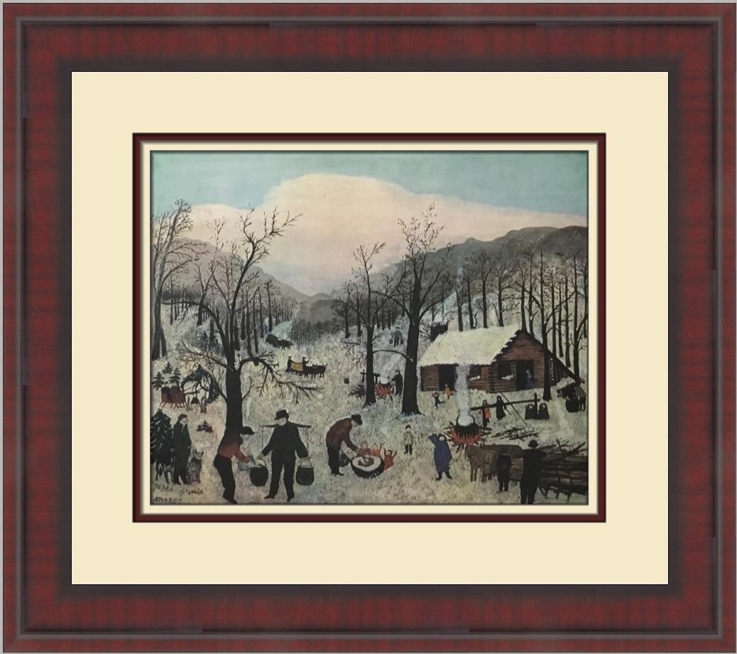 Grandma Moses Sugaring Off Custom Framed Folk Art Print 1975: Grandma Moses Sugaring Off Custom Framed Folk Art Print 1975 This beautiful custom framed print titled "Sugaring Off In Maple Orchard" by Grandma Moses captures a charming folk art scene. Created in 1