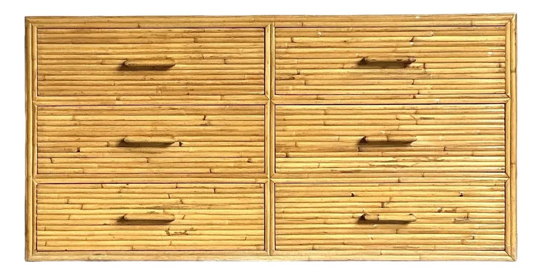 Mid Century Modern Rattan Six Drawer Dresser With Coastal Boho Style: Mid Century Modern Rattan Six Drawer Dresser With Coastal Boho Style This vintage Boho rattan six-drawer dresser features a natural rattan construction with a visually engaging pattern and integrated