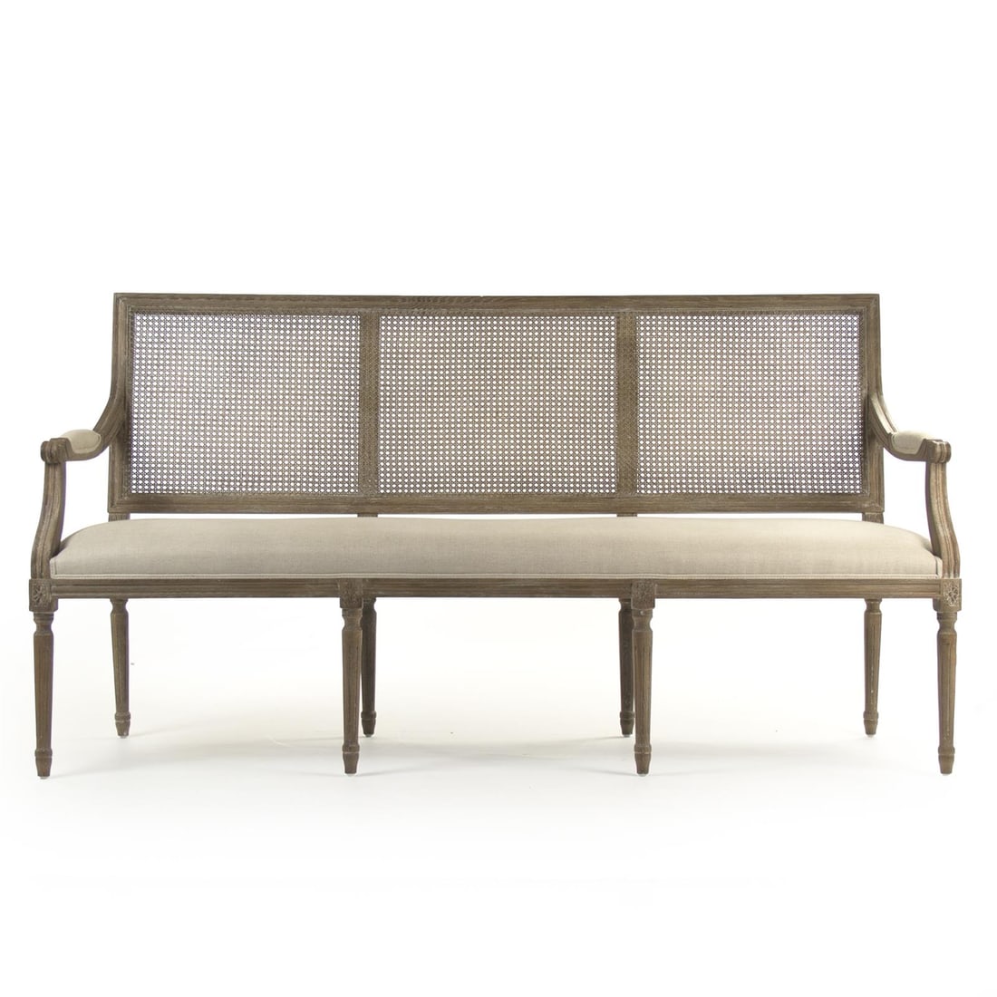 Zentique Louis Cane Back Linen Bench Limed Gray Oak: Zentique Louis Cane Back Linen Bench Limed Gray Oak Elevate your space with this Traditional Louis Cane Back Linen Bench, designed with elegance and comfort in mind. Crafted from high-quality cane and