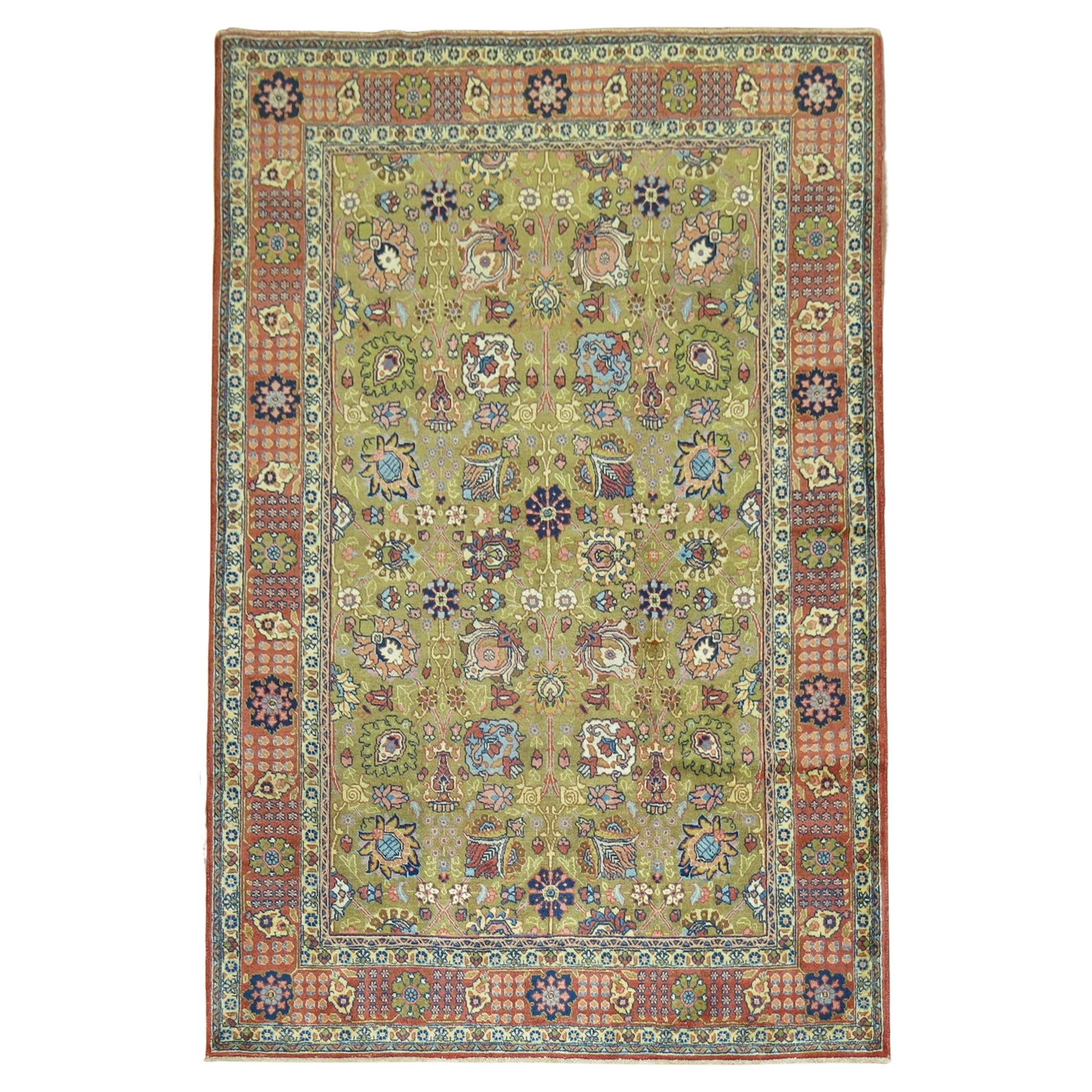 Pea Green Vintage Persian Tabriz Carpet from Zabihi Collection 1930s: Pea Green Vintage Persian Tabriz Carpet from Zabihi Collection 1930s Introducing a stunning Pea Green Vintage Persian Tabriz Carpet, an exquisite addition to any decor. Crafted from high-quality wool,