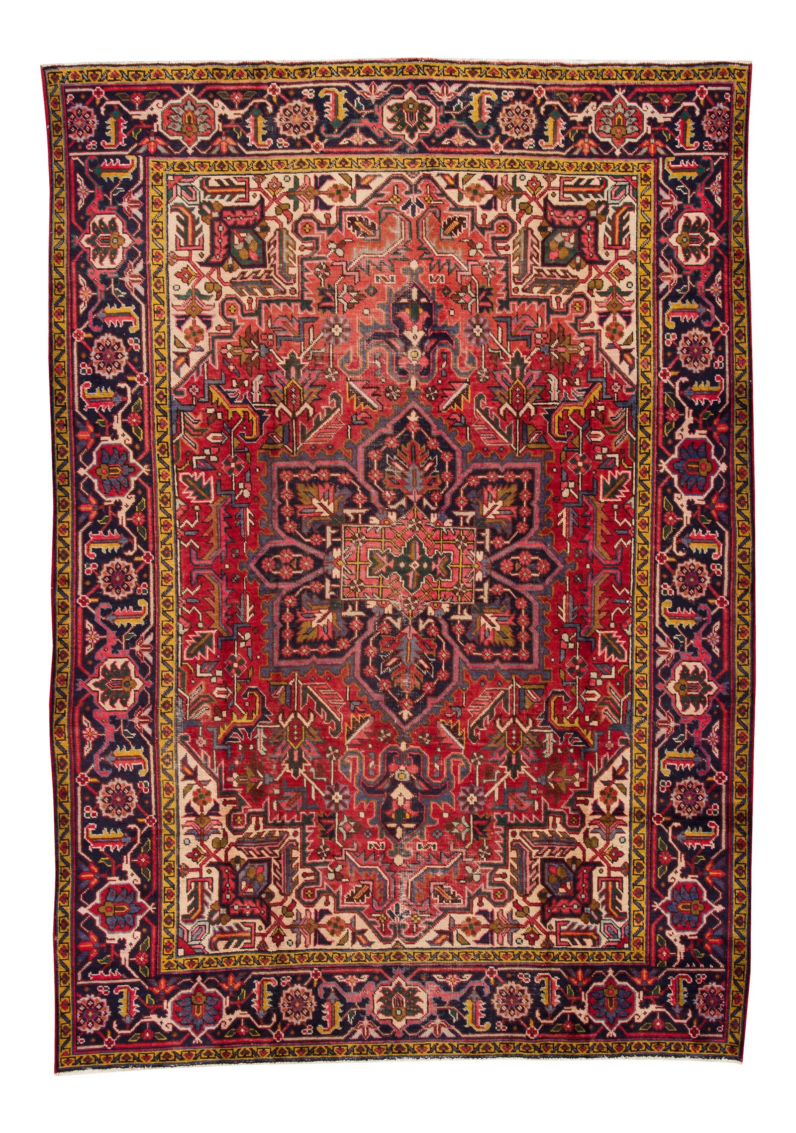 Vintage Heriz Handmade Wool Rug Red Geometric 8' X 11' 4": Vintage Heriz Handmade Wool Rug Red Geometric 8' X 11' 4" Enhance your space with this beautiful Vintage Heriz hand-knotted wool rug, featuring a striking red field complemented by multicolor accents.