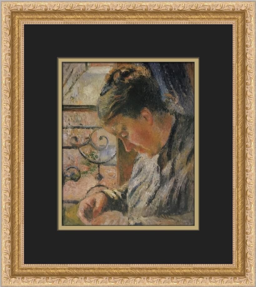 Camille Pissarro Portrait of Mme Pissarro Sewing Custom Framed Print 15 x 13: Camille Pissarro Portrait of Mme Pissarro Sewing Custom Framed Print 15 x 13 This custom framed print features Camille Pissarro's renowned work, "Portrait of Mme Pissarro Sewing." Measuring 15 in x 13