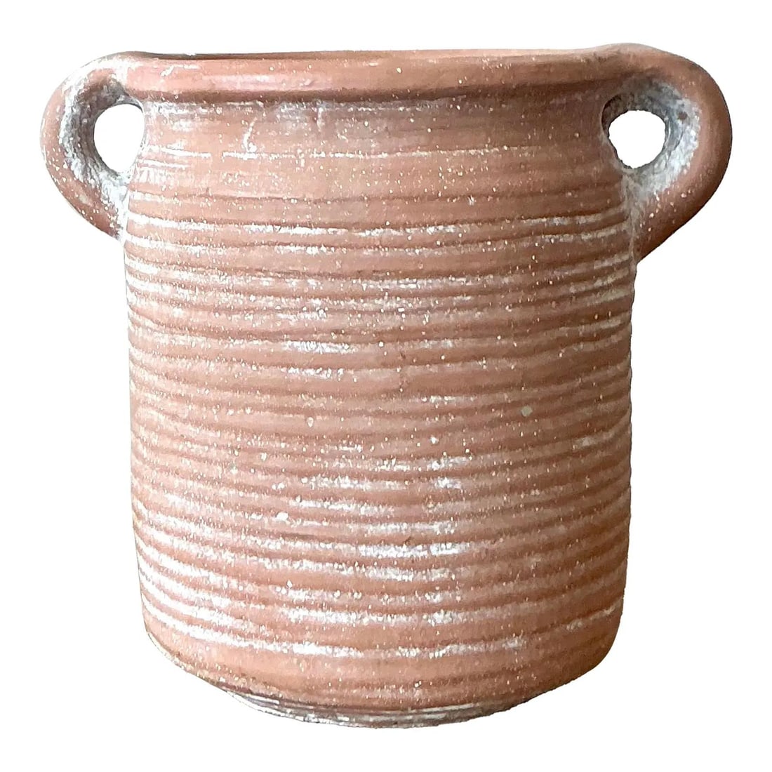 Terracotta Ribbed Amphora-Style Pottery Vase With Handles Vintage Boho Decor: Terracotta Ribbed Amphora-Style Pottery Vase With Handles Vintage Boho Decor This vintage studio pottery vase features a robust terracotta body with a classic form and two integrated loop handles. The