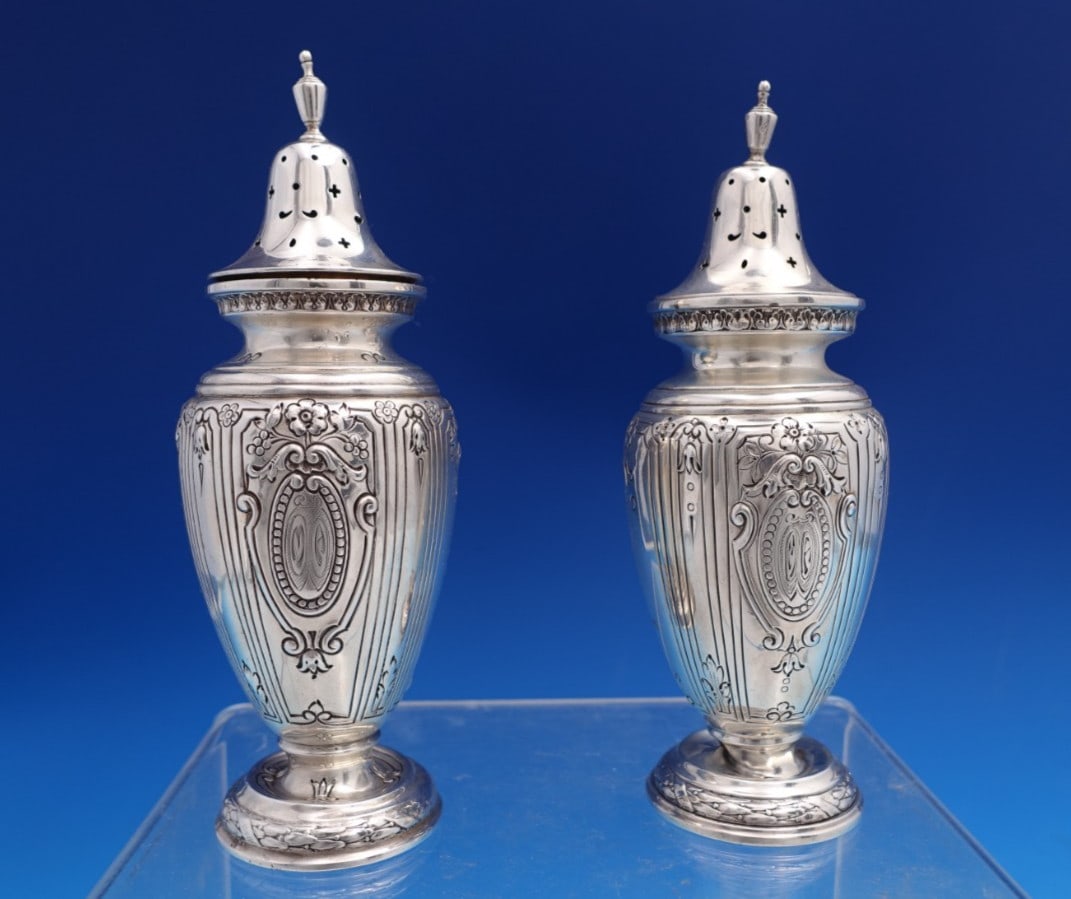 Gorham Maintenon Sterling Silver Salt & Pepper Shaker Set 2pc Monogrammed: Gorham Maintenon Sterling Silver Salt & Pepper Shaker Set 2pc Monogrammed Enhance your dining experience with this exquisite Maintenon salt and pepper shaker set by Gorham, crafted from high-quality s