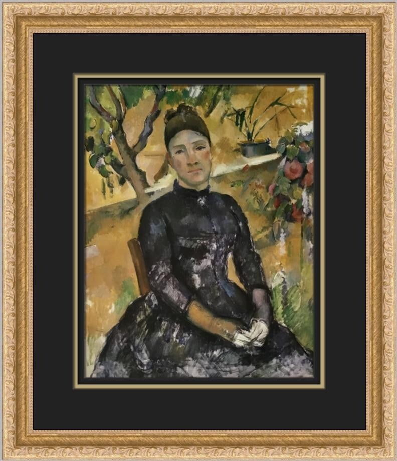 Paul Cezanne Madame Cezanne Custom Framed Print 17x15 Gold Ornate: Paul Cezanne Madame Cezanne Custom Framed Print 17x15 Gold Ornate Enhance your art collection with this beautiful custom framed print of Paul Cezanne's "Madame Cezanne in the Conservatory." This mediu