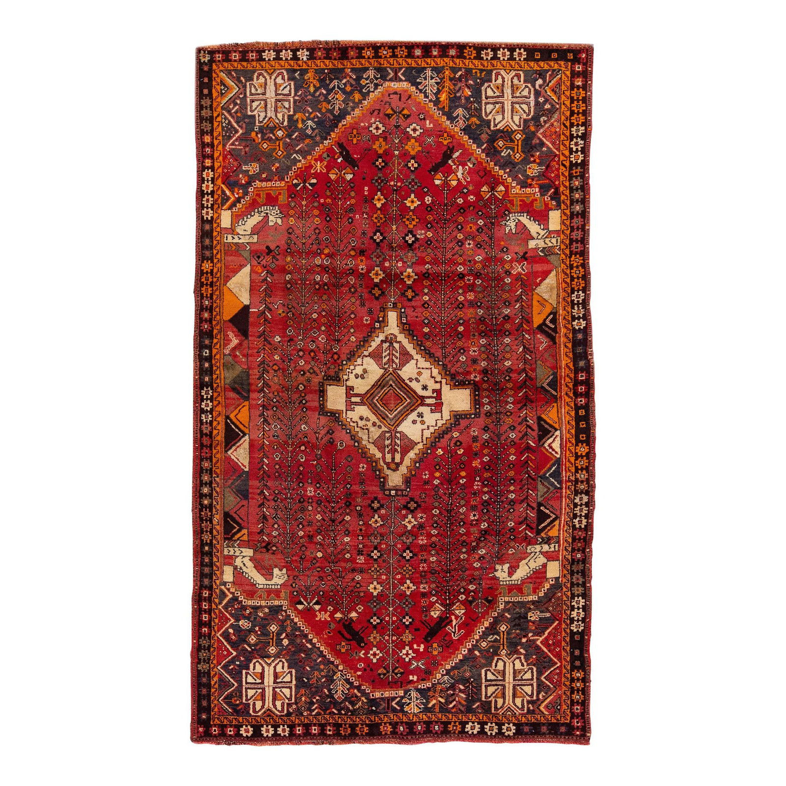 Vintage Persian Shiraz Hand-Knotted Red Wool Medallion Rug 4'7" x 7'10": Vintage Persian Shiraz Hand-Knotted Red Wool Medallion Rug 4'7" x 7'10" Enhance your space with this stunning vintage Persian Shiraz hand-knotted wool rug, featuring a vibrant red field adorned with m