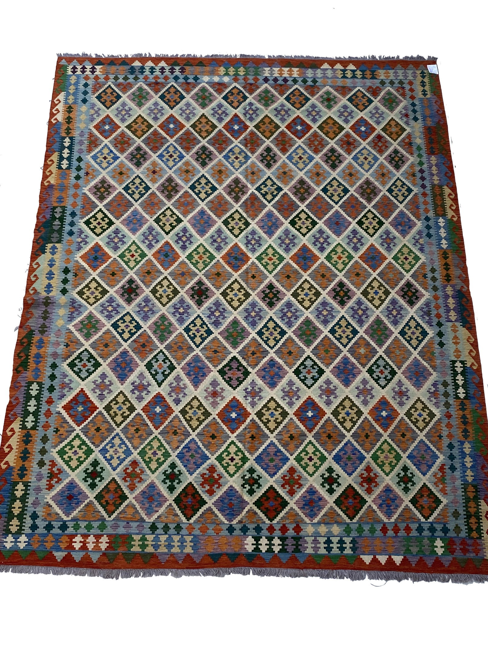 10' x 13' Multi-Color Ivory Handmade Kilim Rug from Afghanistan: 10' x 13' Multi-Color Ivory Handmade Kilim Rug from Afghanistan Free continental US Shipping Introducing the exquisite 10' x 13' Multi-Color Ivory Kilim Rug, a stunning fusion of traditional craftsman