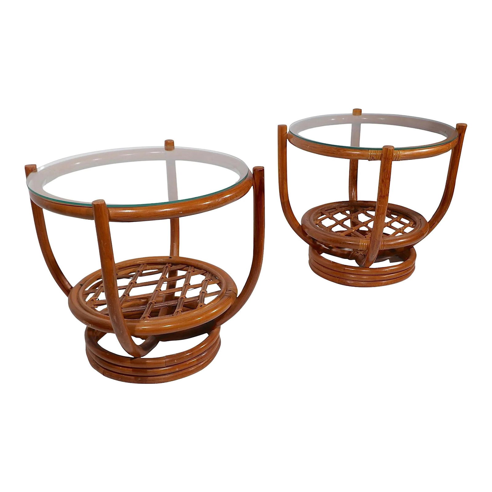 Chic Mid Century Bamboo Glass Side Tables Pair Tan: Chic Mid Century Bamboo Glass Side Tables Pair Tan This chic pair of Mid Century bamboo and glass side tables is in excellent original condition. They feature architecturally designed bases made of be