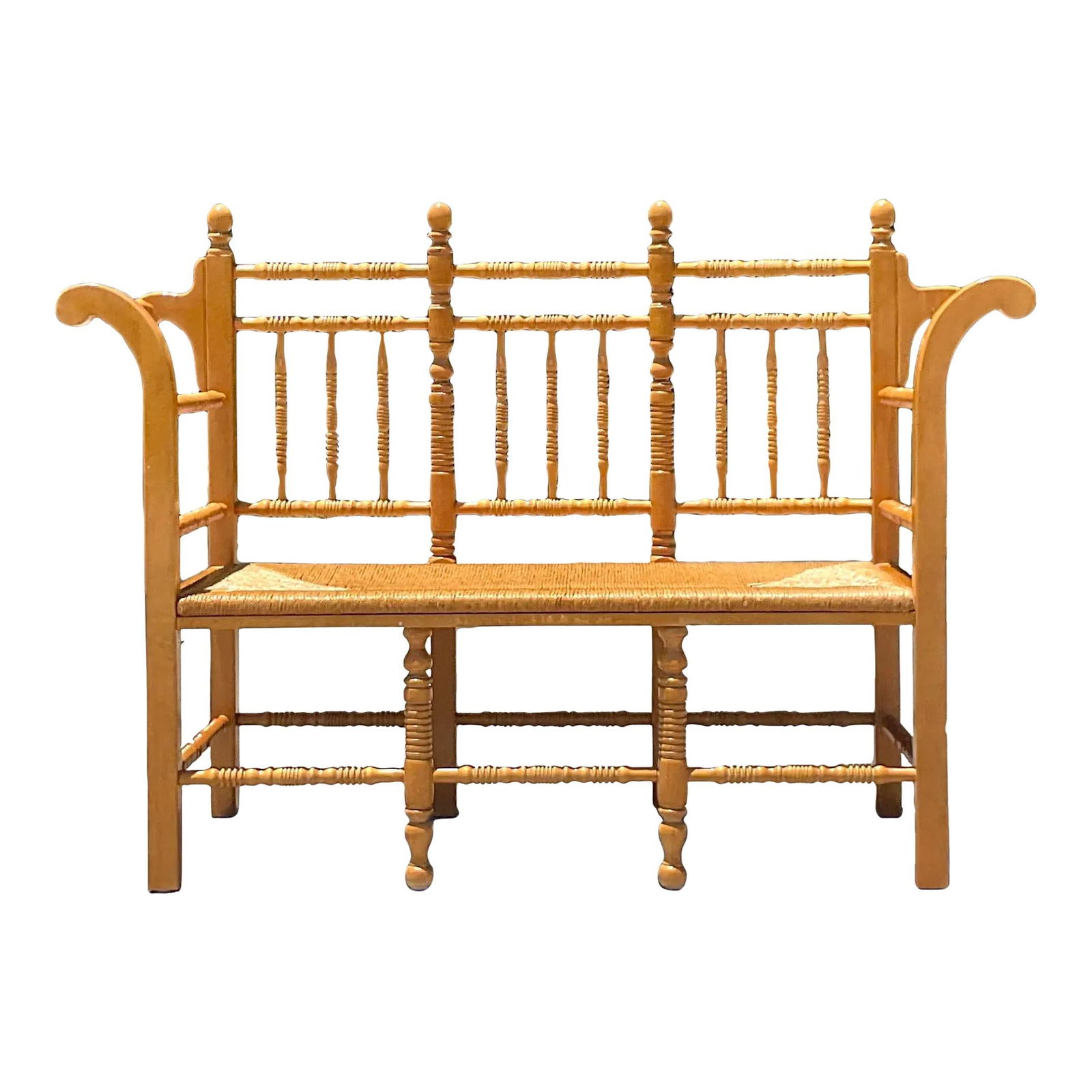 Vintage Boho Turned Wood Spindle Bench with Rush Seat (1 of 7)