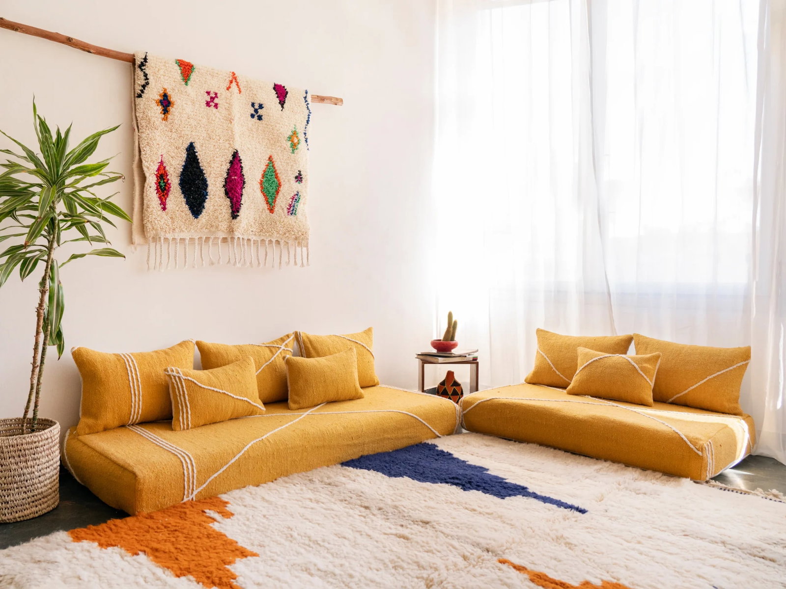 Handmade Moroccan Berber Loveseat Sofa Mustard Yellow Artisan Crafted: Handmade Moroccan Berber Loveseat Sofa Mustard Yellow Artisan Crafted Transform your living space with the Handmade Moroccan Berber Loveseat Sofa in Mustard Yellow. This exquisite piece is upholstered