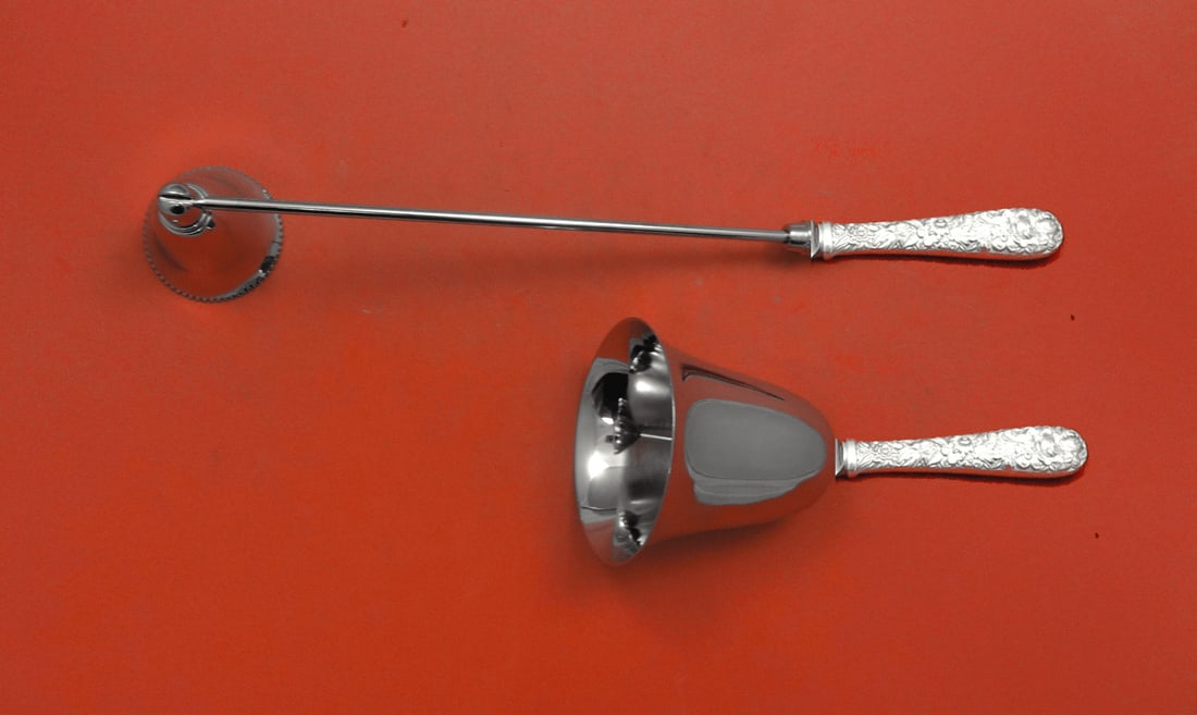 Kirk Repousse Sterling Silver 2pc Hostess Set with Dinner Bell and Candle Snuffer: Kirk Repousse Sterling Silver 2pc Hostess Set with Dinner Bell and Candle Snuffer Enhance your dining experience with this exquisite 2-piece Hostess Set from the renowned Kirk brand, featuring the ele