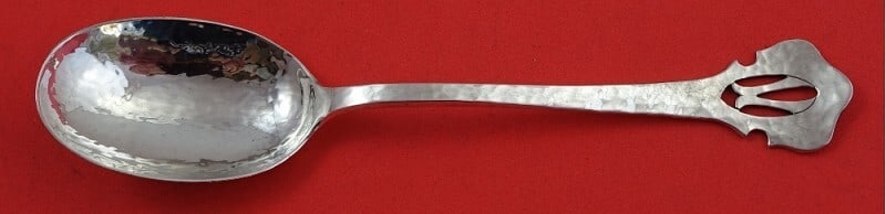 Shreve Fourteenth Century Sterling Silver Teaspoon with Pierced Monogram V 6": Shreve Fourteenth Century Sterling Silver Teaspoon with Pierced Monogram V 6" This exquisite teaspoon, crafted by Shreve in the renowned Fourteenth Century pattern, showcases a beautiful multi-motif d