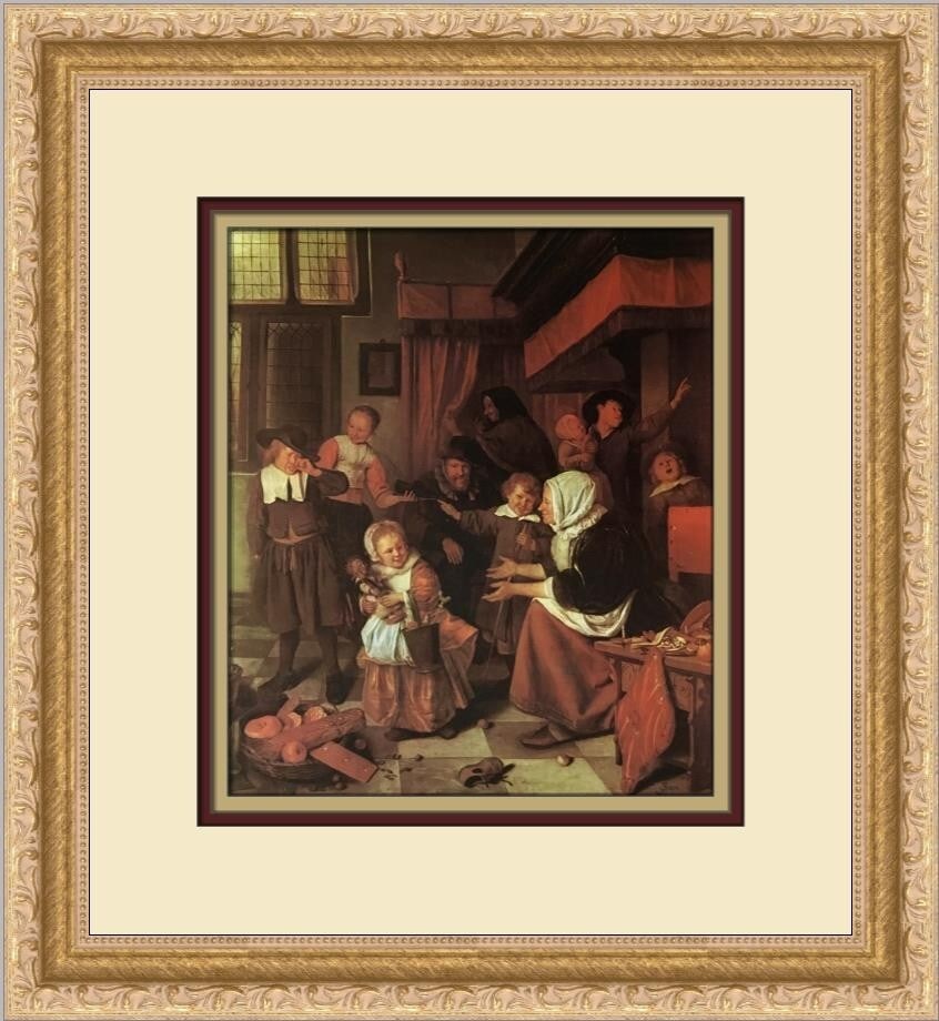 Jan Steen The Eve of Saint Nicholas Custom Framed Print 14 x 13 Art: Jan Steen The Eve of Saint Nicholas Custom Framed Print 14 x 13 Art This exquisite custom framed print features Jan Steen's renowned artwork, "The Eve of Saint Nicholas." Measuring a total of 14 in. x