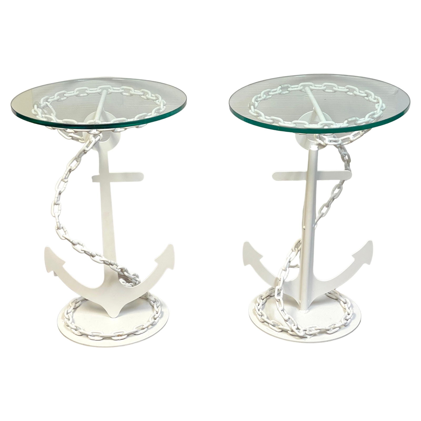 Set of 2 Modern Wrought Iron Yacht Side Tables with Glass Tops: Set of 2 Modern Wrought Iron Yacht Side Tables with Glass Tops This stunning pair of post-WWII modern wrought iron anchor and chain yacht side tables embodies a unique blend of functional art and naut