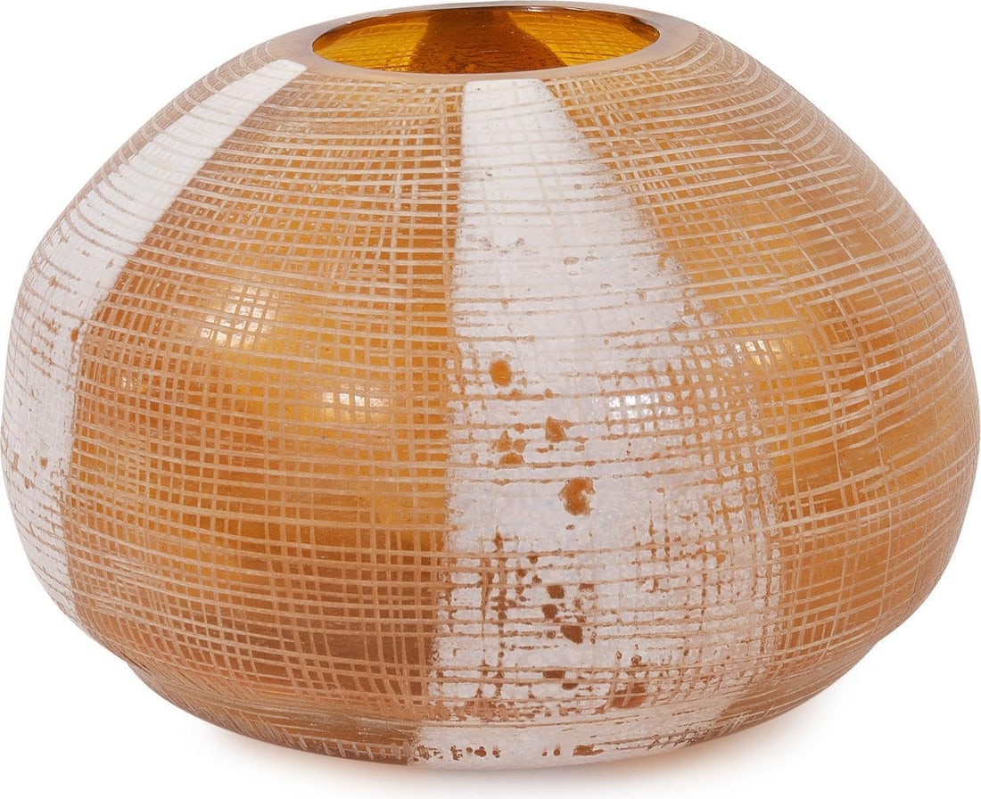 Howard Elliott Gustav Low Vase Amber Frosted Orange Glass 8H 12W 12D: Howard Elliott Gustav Low Vase Amber Frosted Orange Glass 8H 12W 12D Introducing the beautifully handcrafted Gustav Low Vase, a stunning piece that adds an elegant touch to any decor. This vase featur