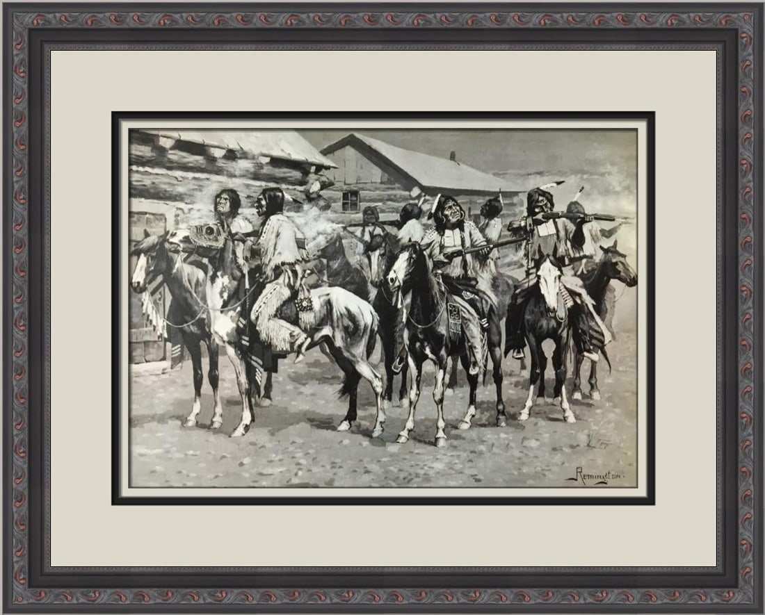 Frederic Remington Cavalry in Arizona Sandstorm Custom Framed Print 15x18: Frederic Remington Cavalry in Arizona Sandstorm Custom Framed Print 15x18 This exquisite custom framed print titled "Cavalry in a Arizona Sandstorm" by Frederic Remington captures the essence of Impre