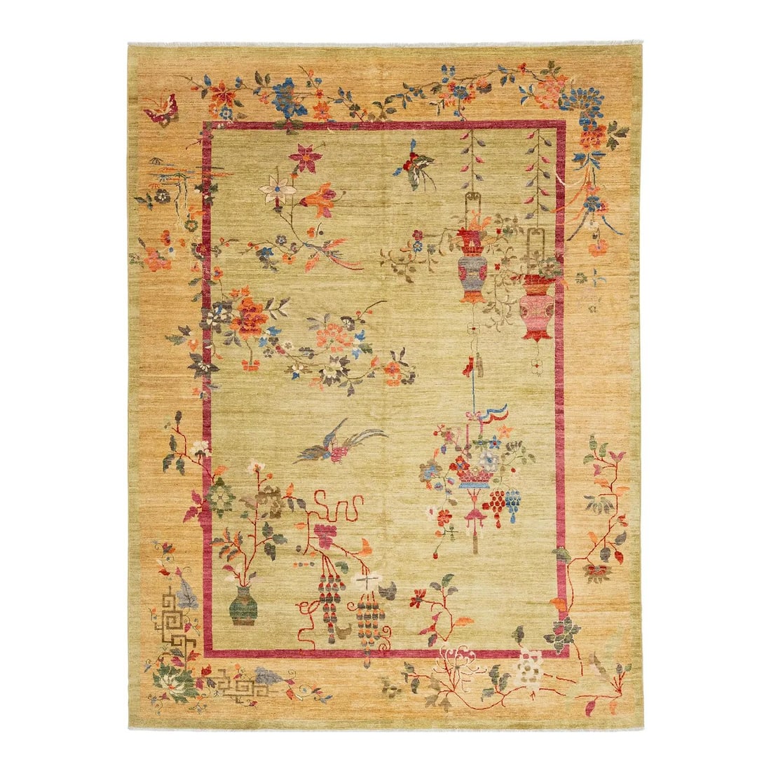 8'11 x 11'10 Hand-Knotted Wool Rug Chinoiserie Floral Sage Green: 8'11 x 11'10 Hand-Knotted Wool Rug Chinoiserie Floral Sage Green This hand-knotted wool area rug draws inspiration from classic Chinese Chinoiserie design, featuring a serene sage green field with a w
