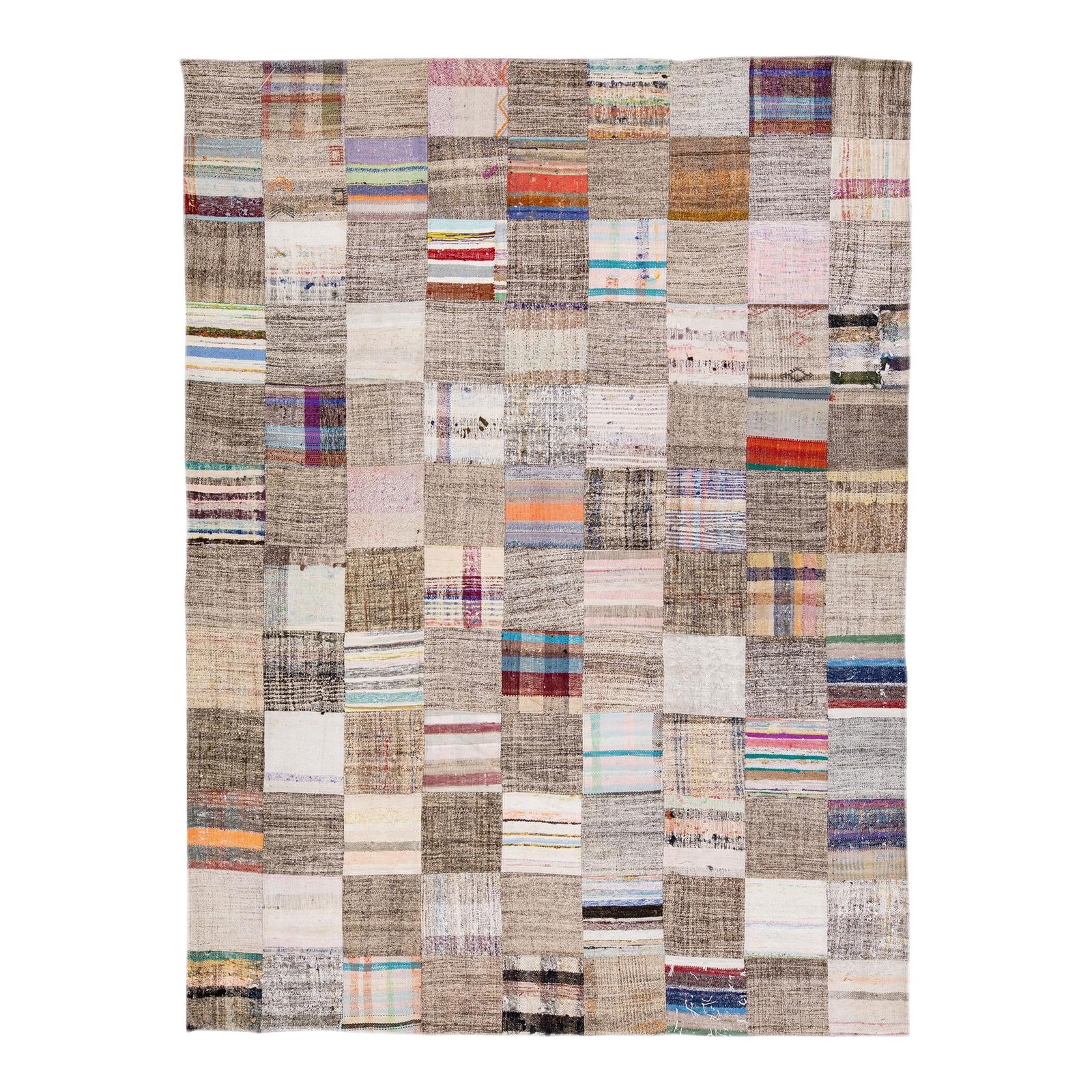 Vintage Turkish Handmade Wool Rug 9'2 x 12'3 Multicolor Patchwork: Vintage Turkish Handmade Wool Rug 9'2 x 12'3 Multicolor Patchwork Enhance your space with this beautiful vintage Turkish hand-knotted wool rug featuring a rich brown field. Adorned with multicolor acc