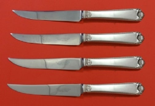 Watson George II Rex Sterling Silver Steak Knife Set 4-Pc Hand Chased: Watson George II Rex Sterling Silver Steak Knife Set 4-Pc Hand Chased This exquisite 4-piece steak knife set features hand-chased detailing in the George II Rex pattern, crafted by Watson. Each knife