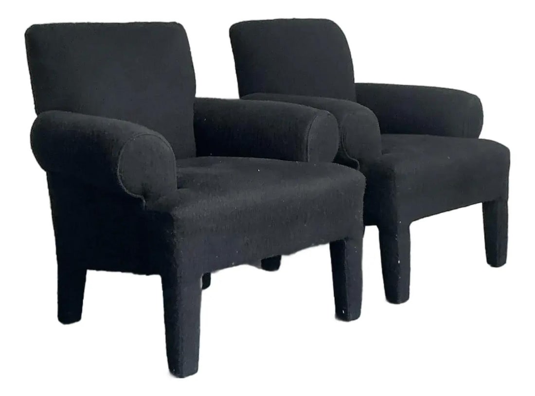 Pair of Black Boucle Boho Lounge Armchairs Inspired by Donghia: Pair of Black Boucle Boho Lounge Armchairs Inspired by Donghia This pair of vintage boho postmodern lounge chairs is inspired by the iconic designs of Donghia. Each chair features a plush, textured bl