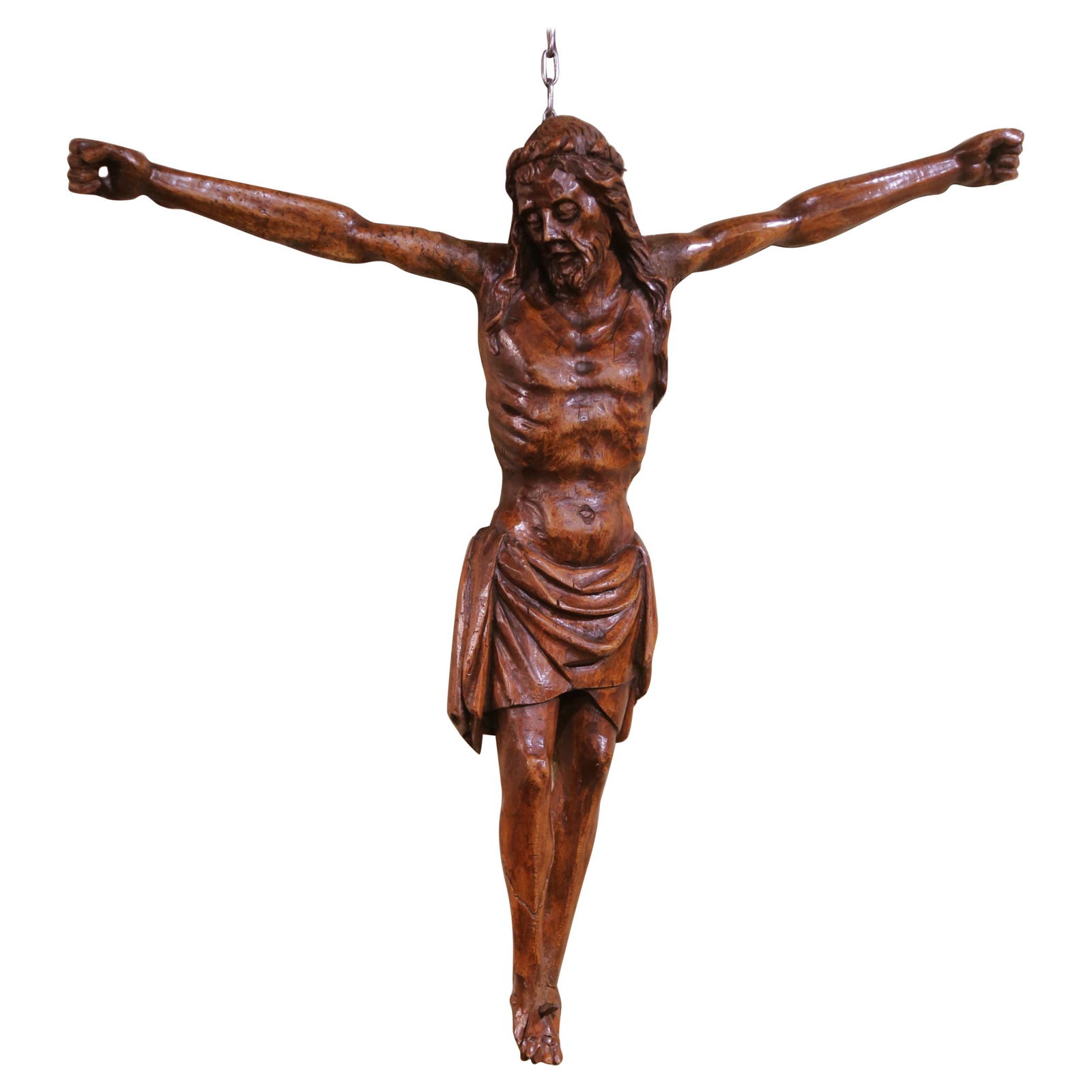 French Baroque Hand-Carved Walnut Christ Corpus Sculpture Circa 1650: French Baroque Hand-Carved Walnut Christ Corpus Sculpture Circa 1650 This mid-17th century French Baroque wall sculpture features a hand-carved and hand-painted walnut corpus, dating to around 1650. T