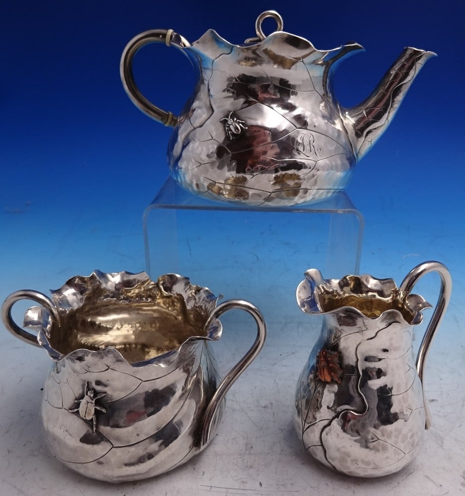 Three-Piece Shiebler Sterling Silver Cabbage Leaf Tea Set with Mixed Metals (1 of 16)