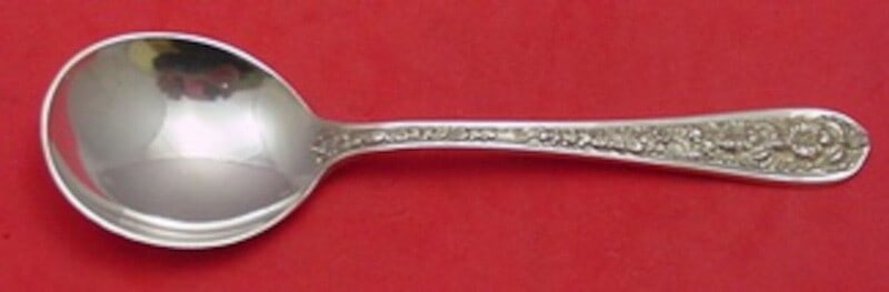 Stieff Corsage Sterling Silver Cream Soup Spoon 6.5 Vintage: Stieff Corsage Sterling Silver Cream Soup Spoon 6.5 Vintage This vintage heirloom cream soup spoon by Stieff features the elegant Corsage pattern, crafted from high-quality sterling silver. Measuring
