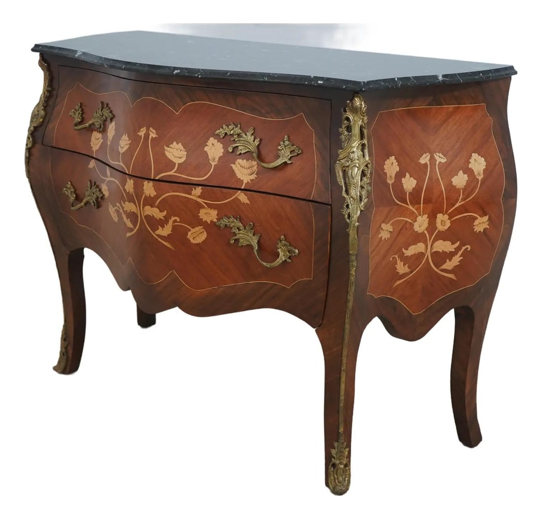 French Louis XV Marquetry Inlaid Commode Chest with Marble Top (1 of 10)