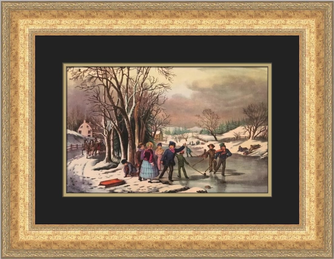 Currier & Ives Winter Pastime Custom Framed Art Print 22x18: Currier & Ives Winter Pastime Custom Framed Art Print 22x18 This exquisite Currier & Ives print titled "Winter Pastime" captures the charm of winter in a romantic style. Produced in 1952, this medium-