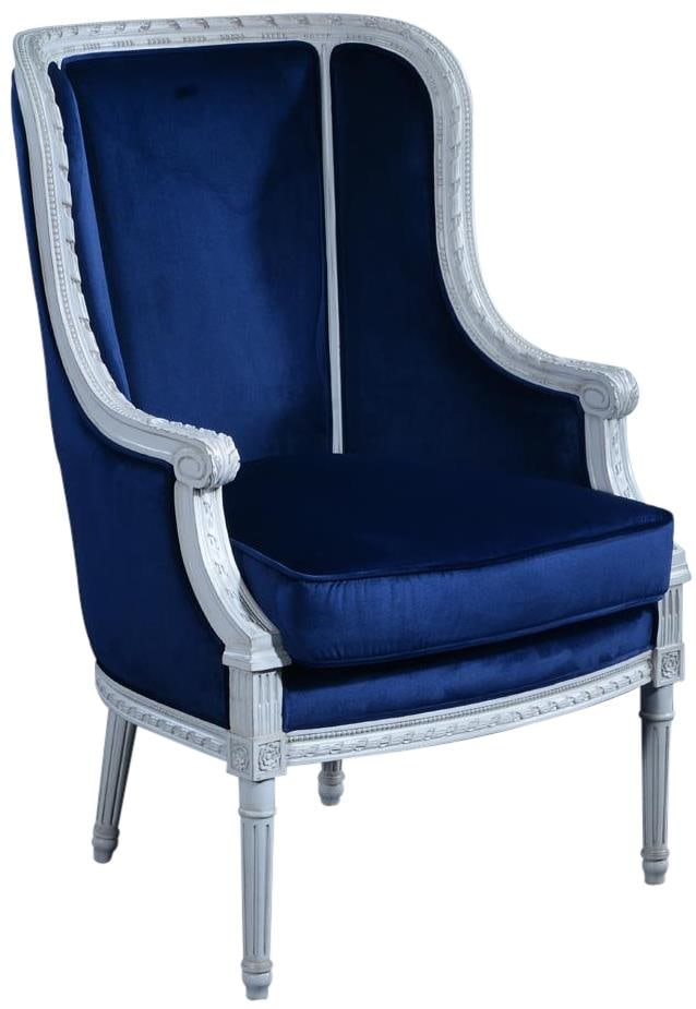 Elegant Louis XVI Bergere Chair in Blue Velvet: Elegant Louis XVI Bergere Chair in Blue Velvet Enhance your living space with this Luxurious Blue Velvet Louis XVI Accent Chair. This stunning Bergere chair showcases exquisite craftsmanship with hand