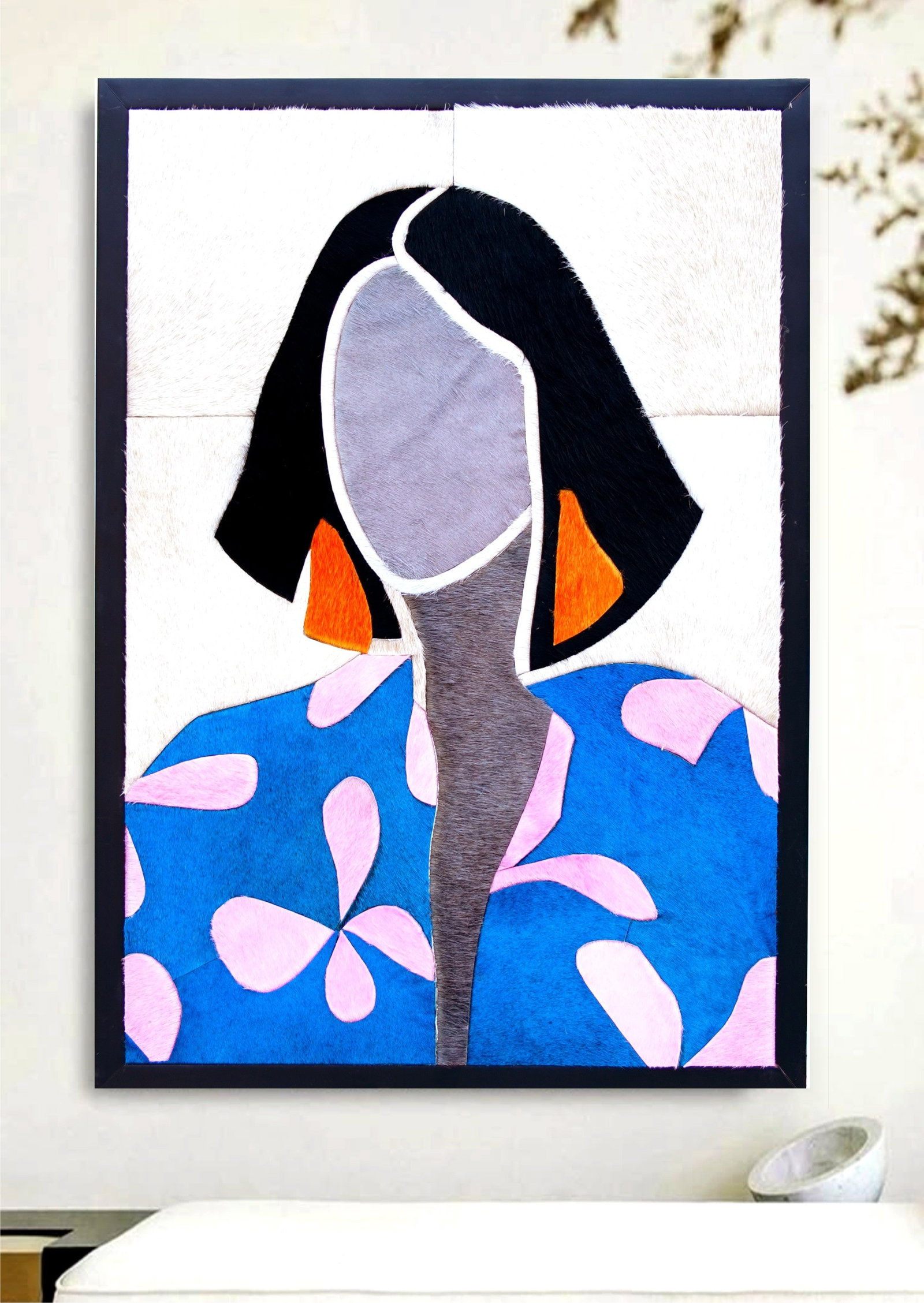 Handcrafted Cowhide Mosaic Wall Art Modern Minimalist Fashion Portrait 12 x 12: Handcrafted Cowhide Mosaic Wall Art Modern Minimalist Fashion Portrait 12 x 12 Free continental US Shipping This wall art features a modern minimalist fashion portrait, meticulously handcrafted from p