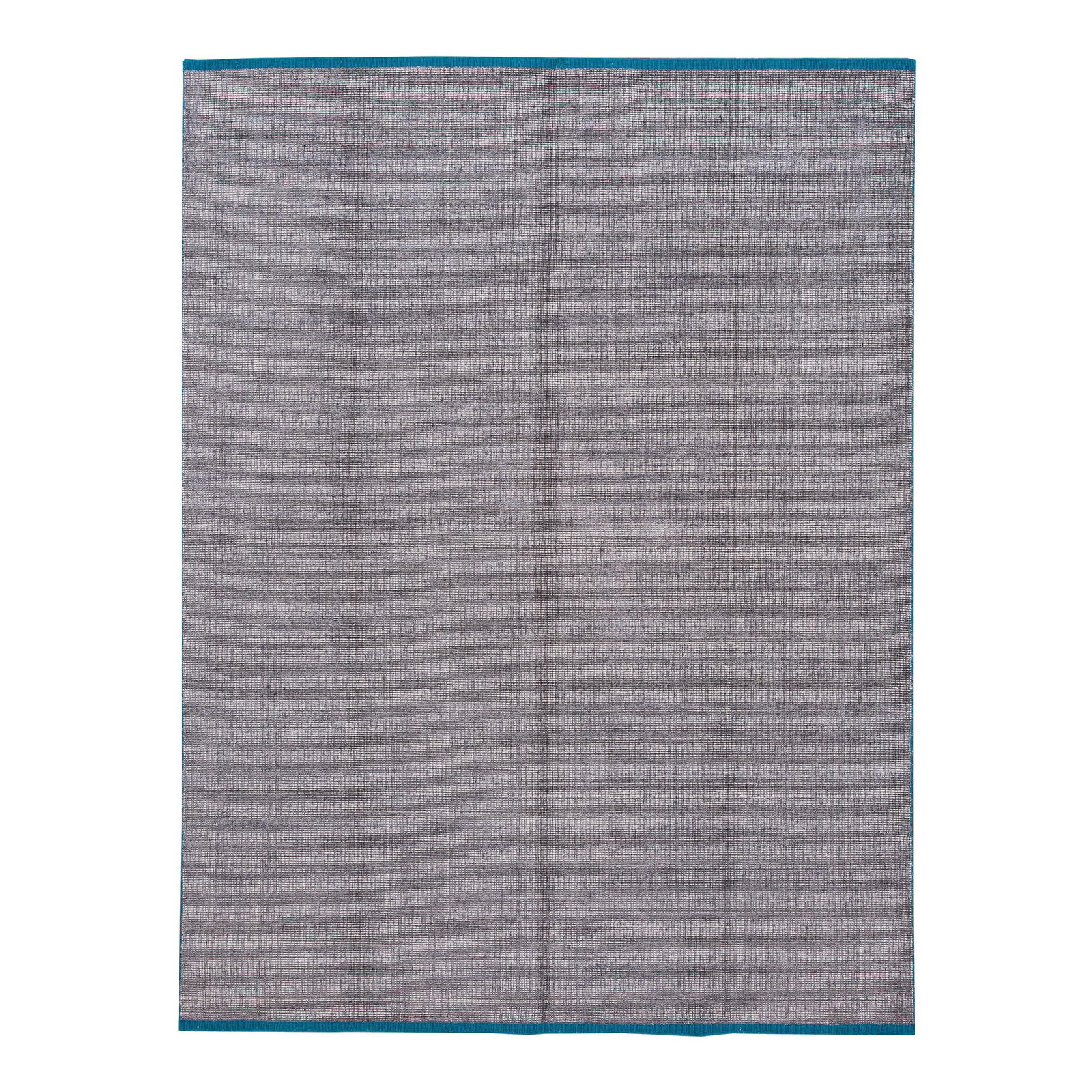 Handmade Gray Wool Rug with Teal Border 9' x 12': Handmade Gray Wool Rug with Teal Border 9' x 12' Enhance your space with this stunning handmade rug from India, crafted. Featuring a sophisticated gray field complemented by a vibrant teal border, thi