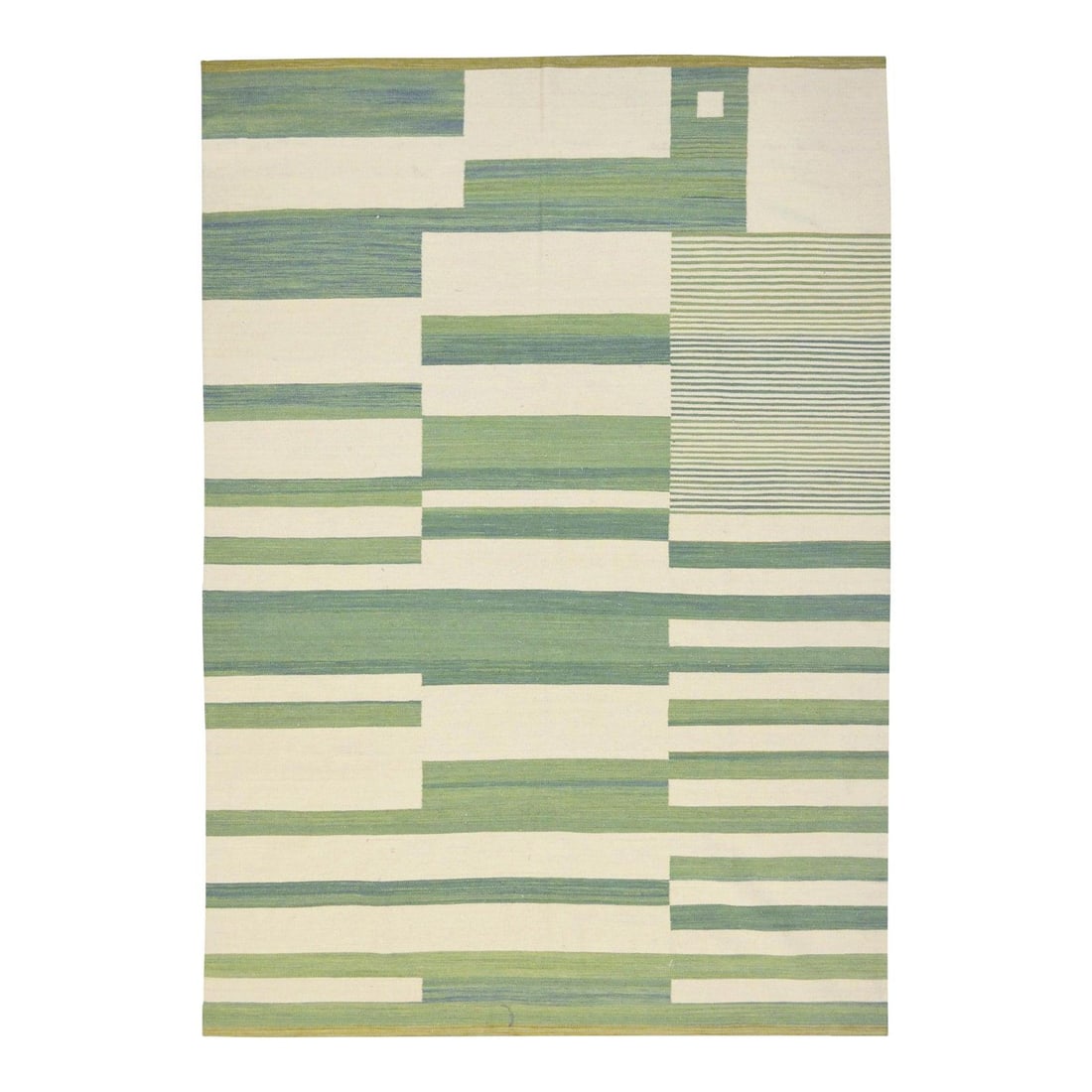 Contemporary Green Wool Kilim Flaweave Rug 6'9 x 9'7 Geometric Design: Contemporary Green Wool Kilim Flaweave Rug 6'9 x 9'7 Geometric Design Enhance your living space with this Modern Kilim Flaweave Wool Rug, showcasing a striking geometric design in vibrant green and st