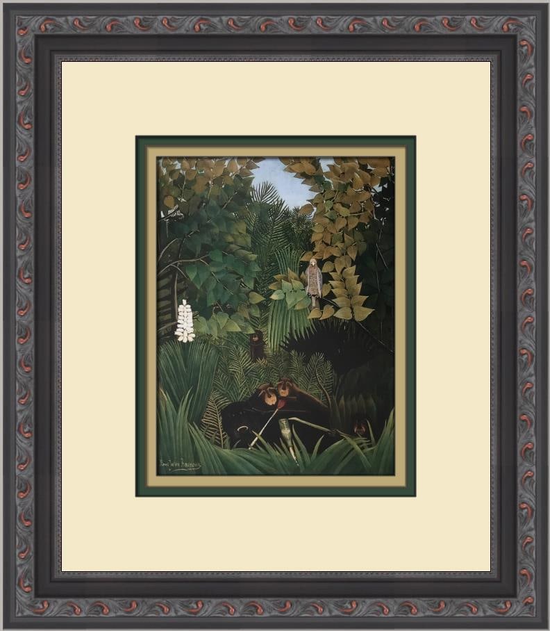Henri Rousseau The Merry Jesters Custom Framed Art Print 1988: Henri Rousseau The Merry Jesters Custom Framed Art Print 1988 This custom framed print features Henri Rousseau's enchanting artwork titled "The Merry Jesters." Created using offset lithography, the pr
